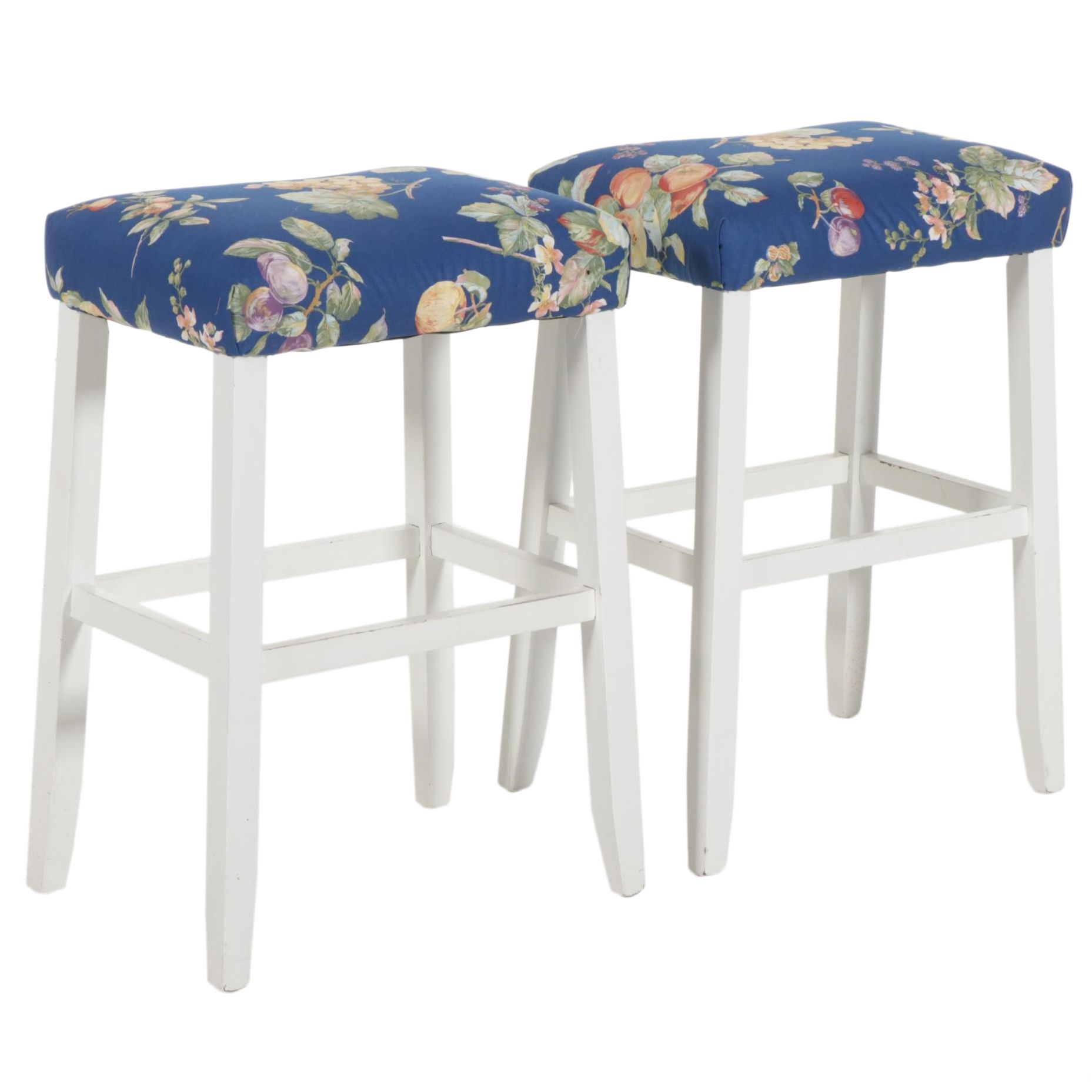 Pair of Painted Wood Bar Stools with Upholstered Seats