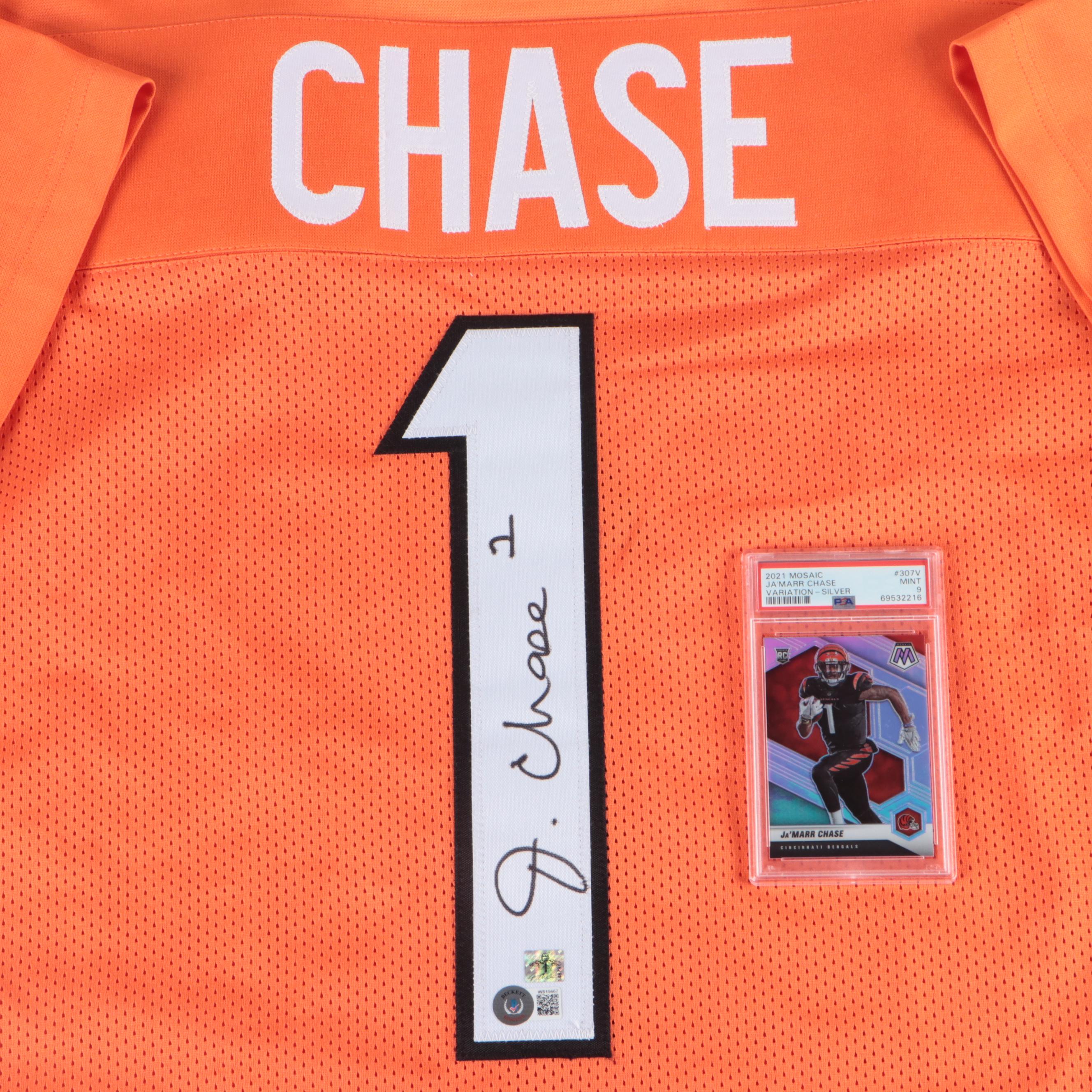 Ja'Marr Chase Signed Jersey with 2021 Mosaic Silver PSA 9 Graded Rookie Card