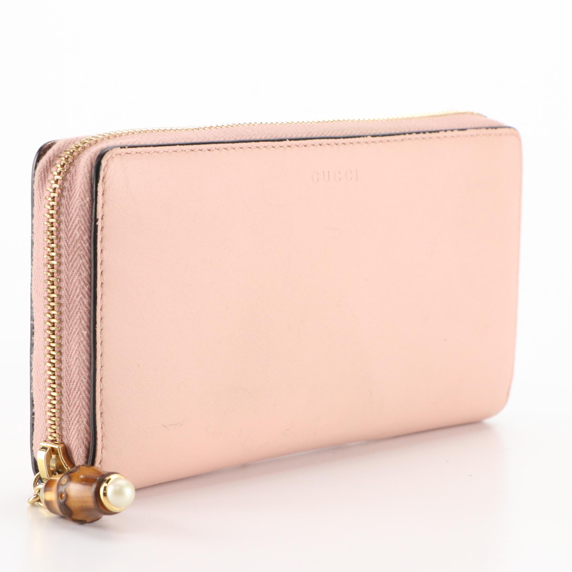 Gucci Bamboo Pink Leather Zipper Wallet with Box