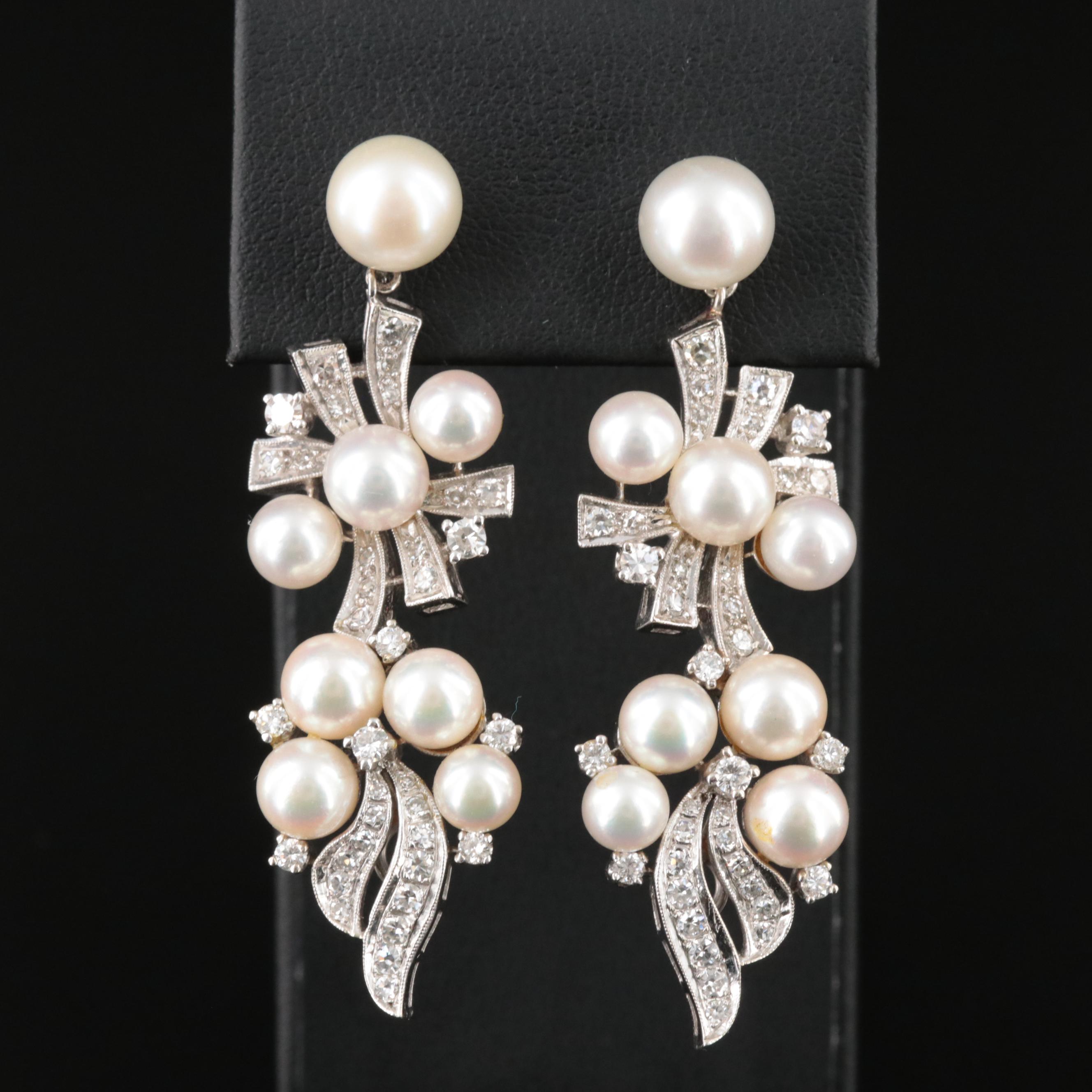 14K Pearl and 2.00 CTW Diamond Tiered Earrings