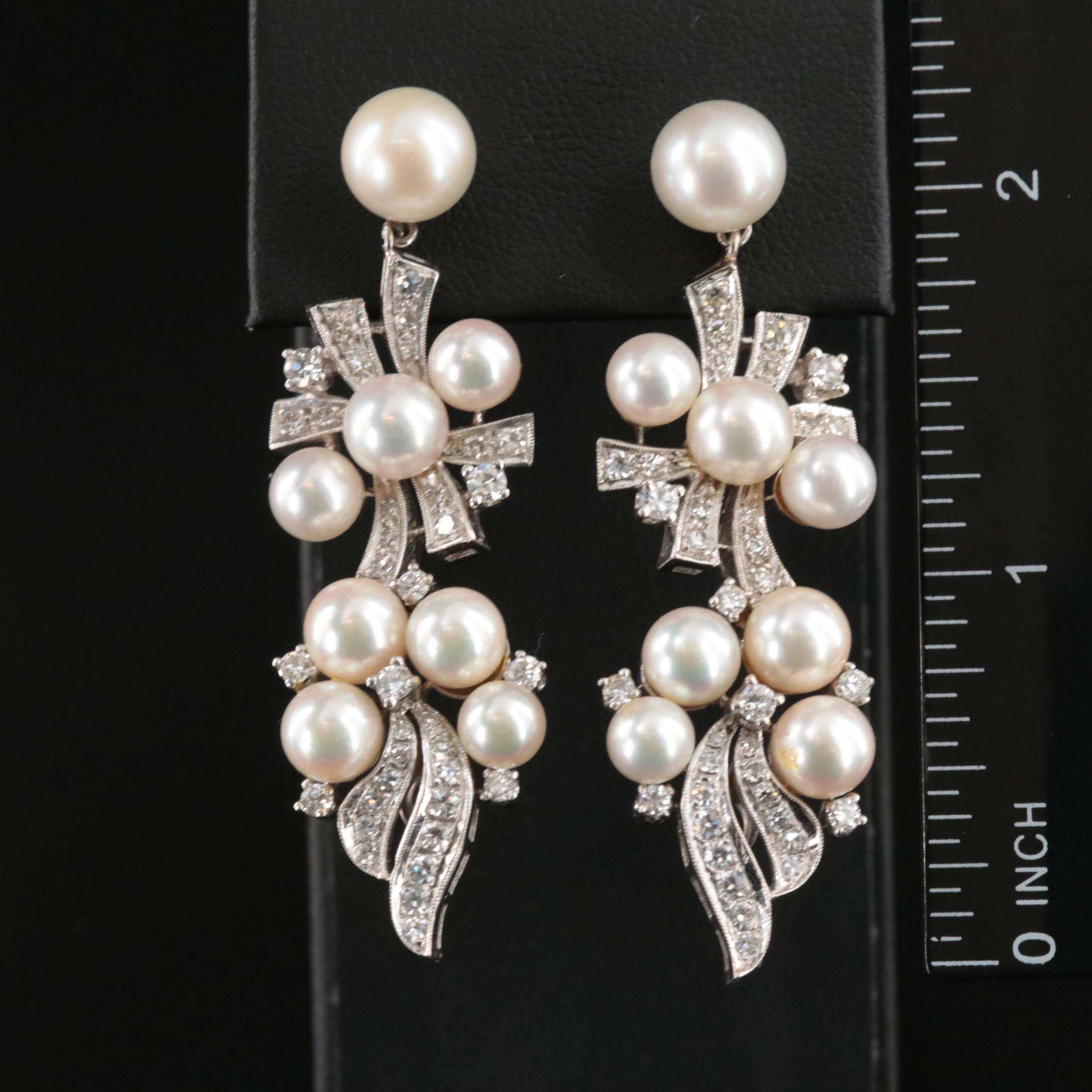 14K Pearl and 2.00 CTW Diamond Tiered Earrings