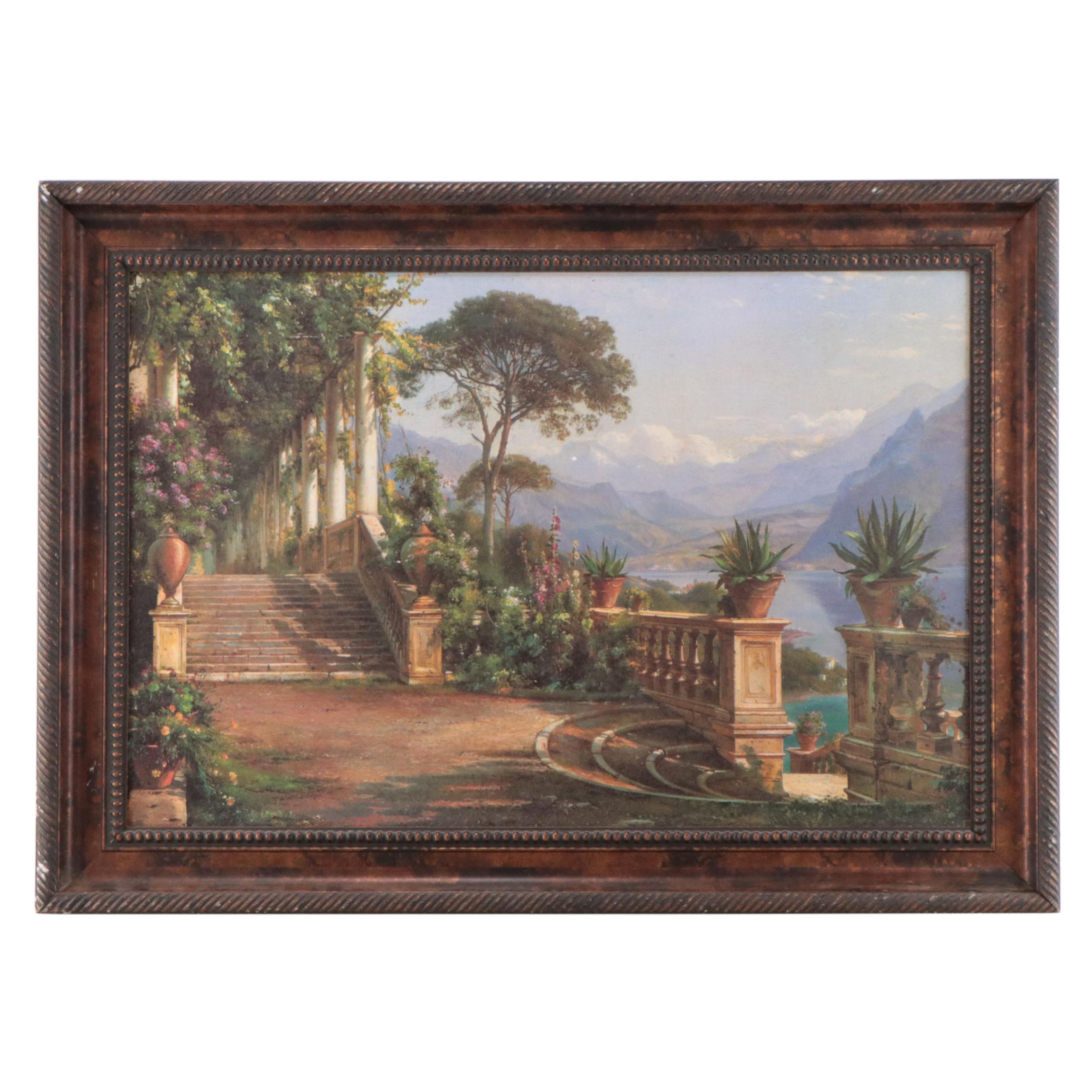 Embellished Offset Lithograph After Carl Frederic Aagaard "Lodge on Lake Como"