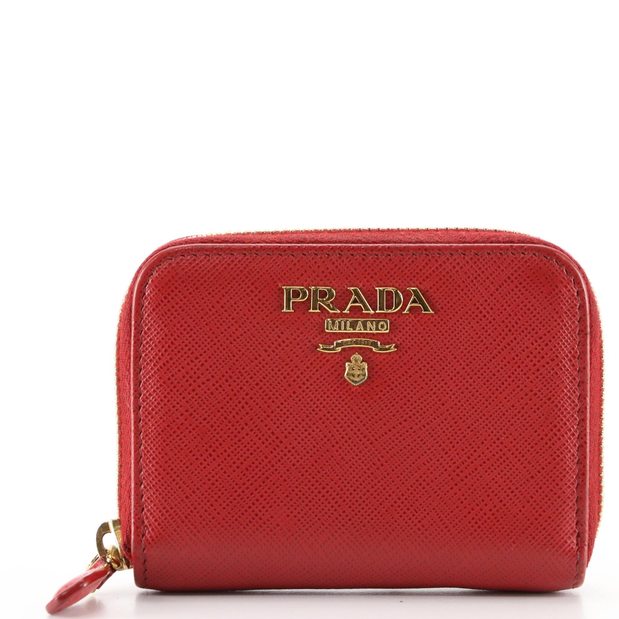 Prada Zip Card Case Wallet in Red Saffiano Leather