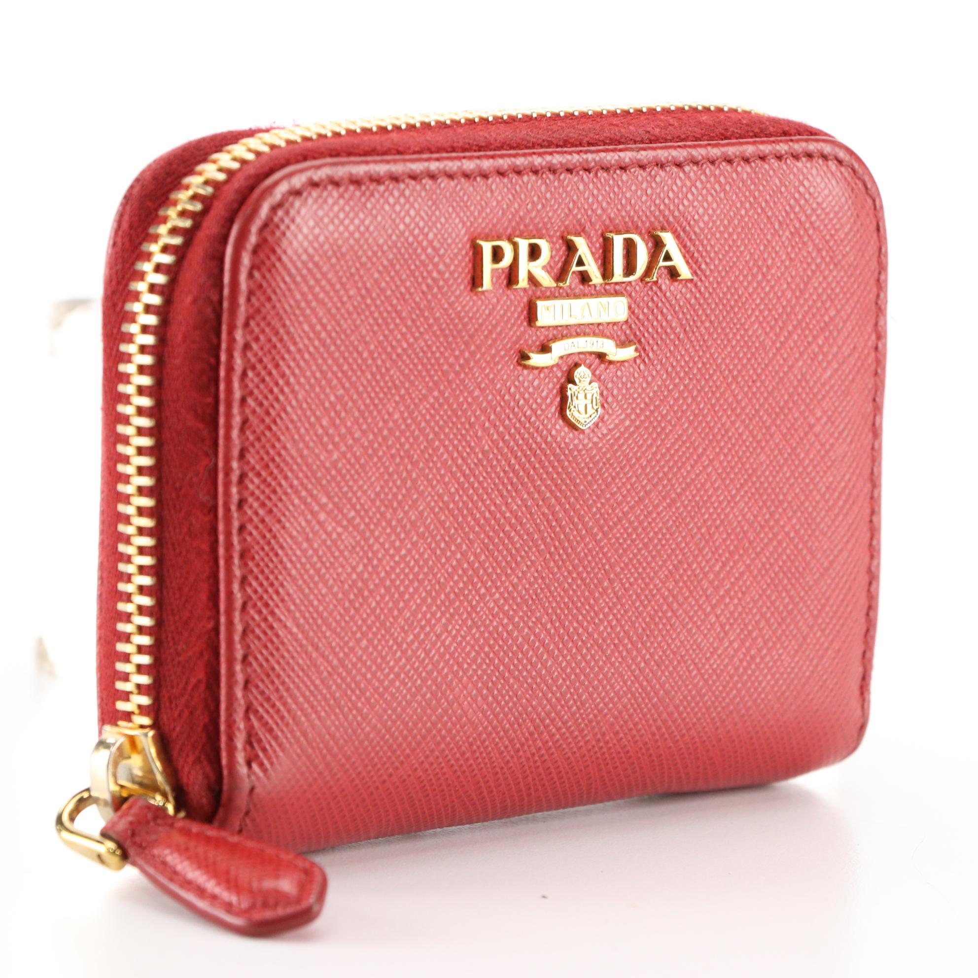 Prada Zip Card Case Wallet in Red Saffiano Leather