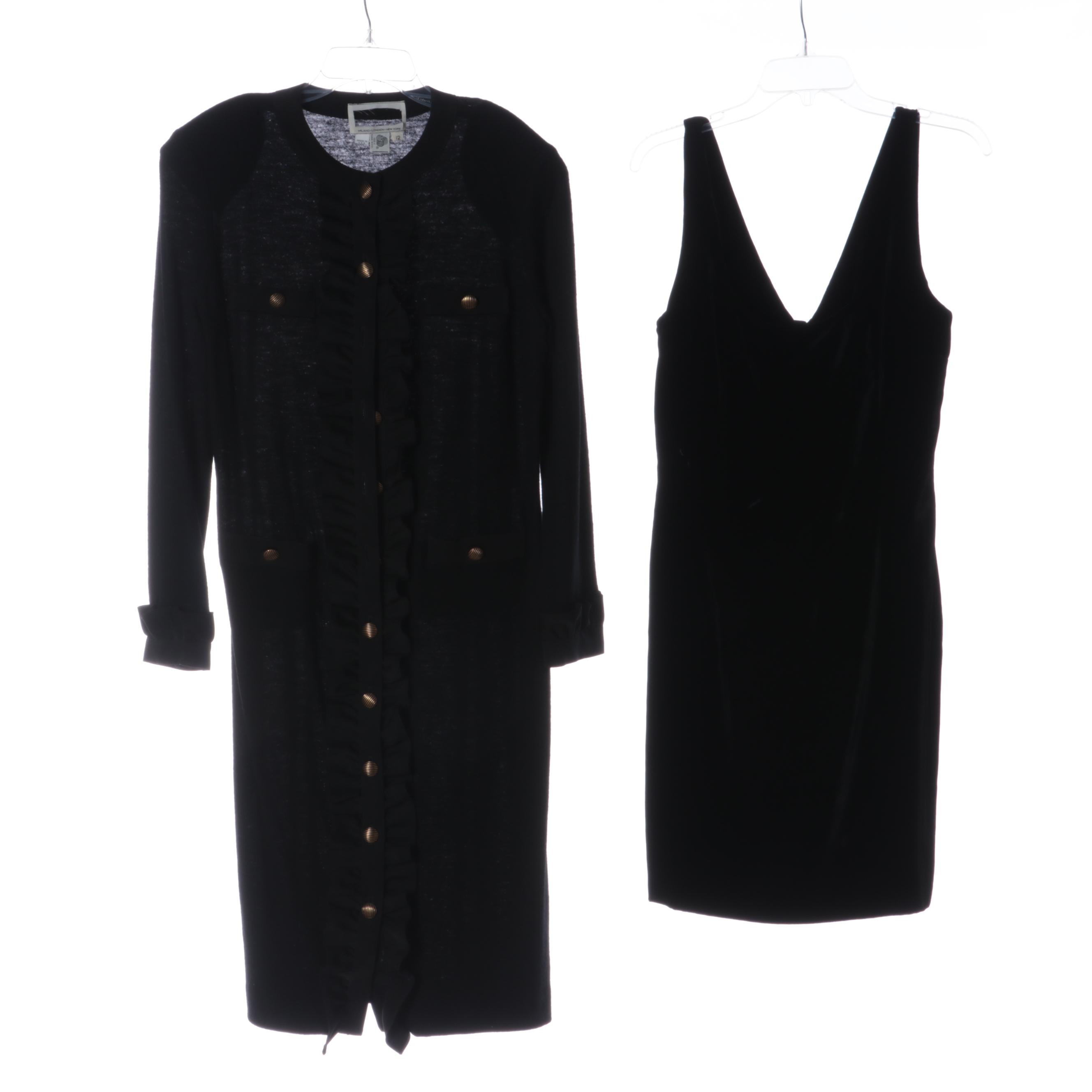 St. John Velvet Dress, Pringle of Scotland Cashmere Skirt, with Other Garments