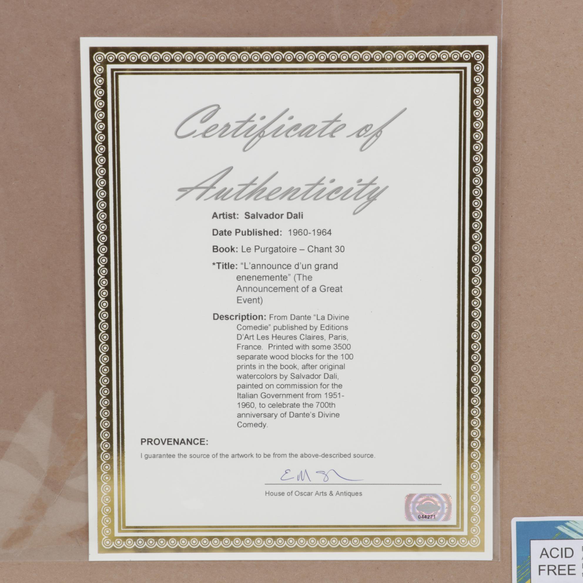 Salvador Dalí Wood Engraving "L'Annonce d'un grand enemente"