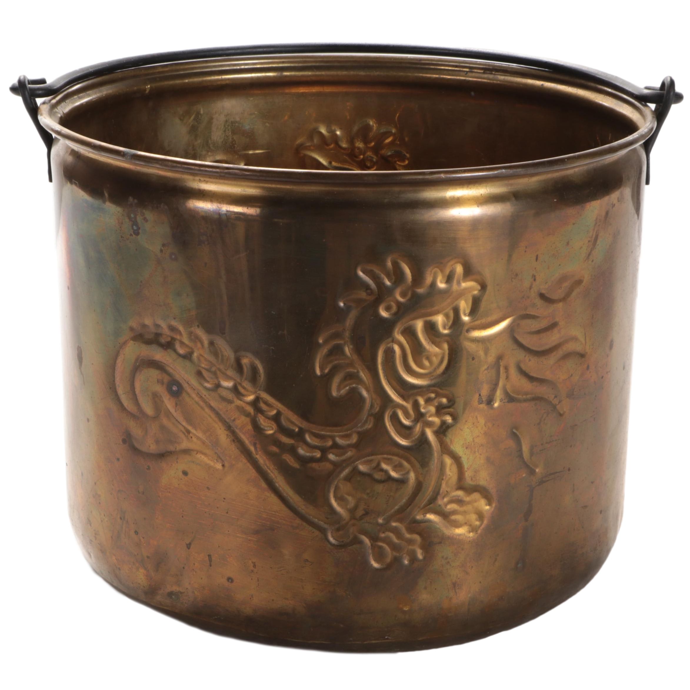Brass Kindling Bucket with FireBreathing Dragon Designs EBTH