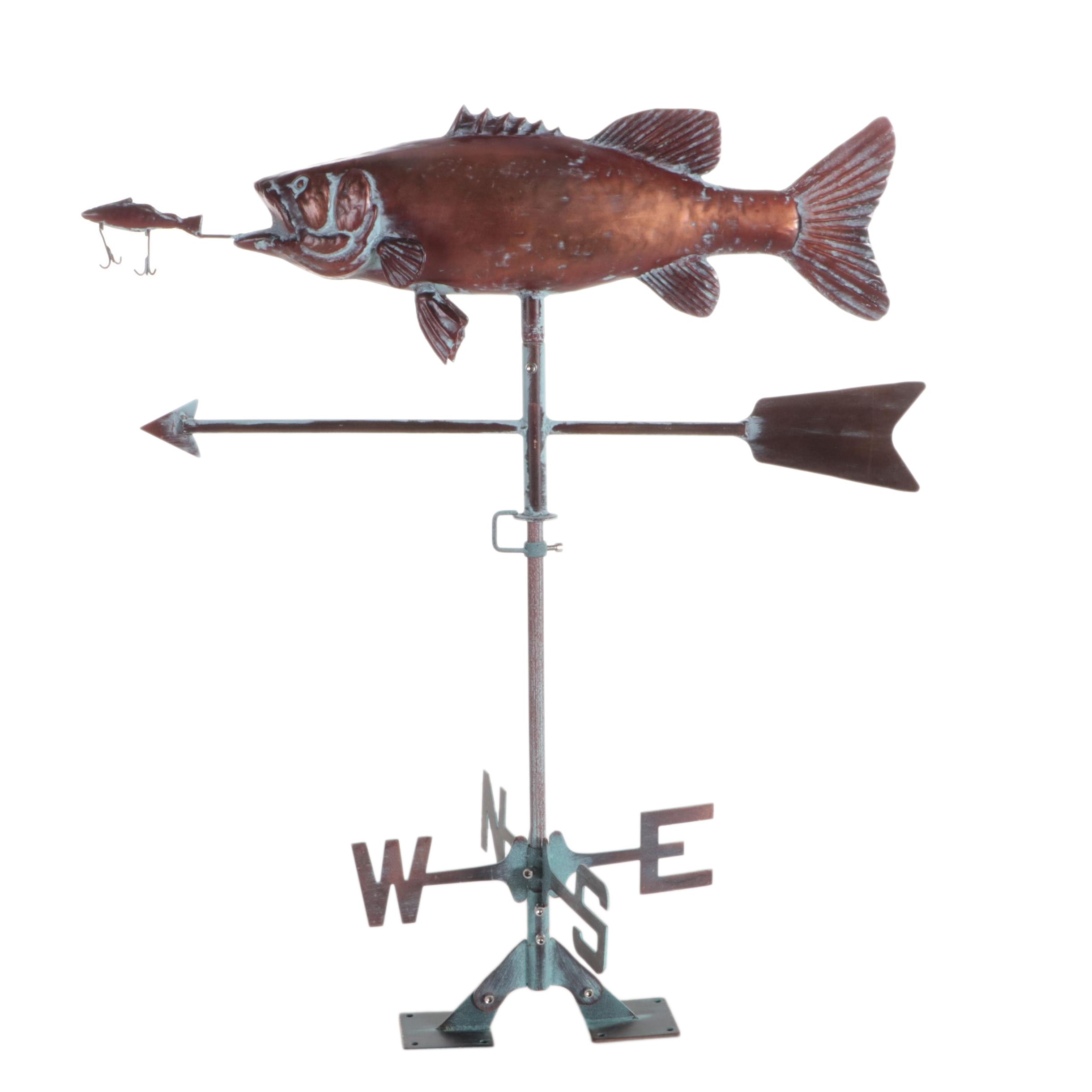 Copper Bass Fishing Weather Vane With Cardinal Points and Bracket