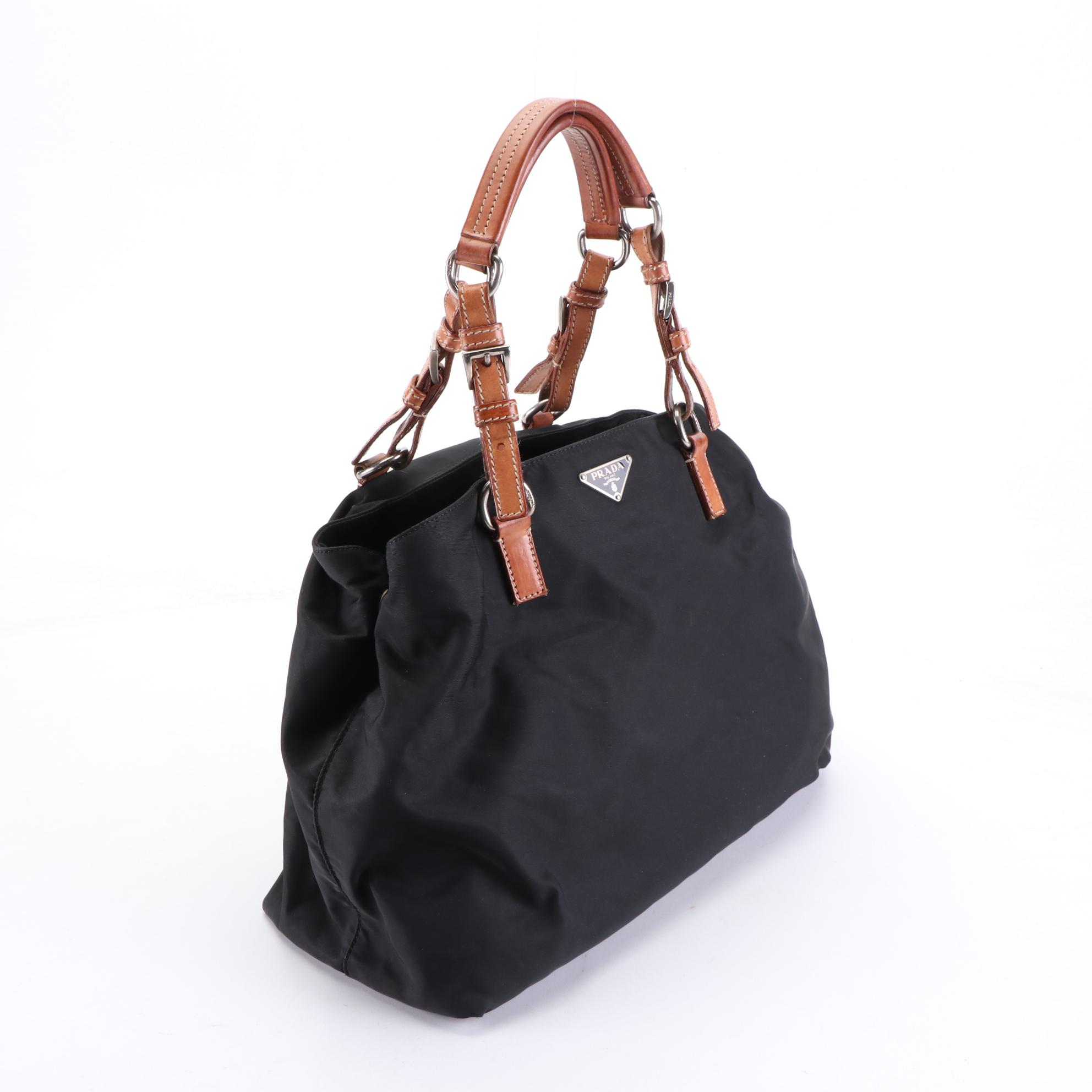 Prada Handbag in Black Tessuto Nylon and Brown Leather Trim