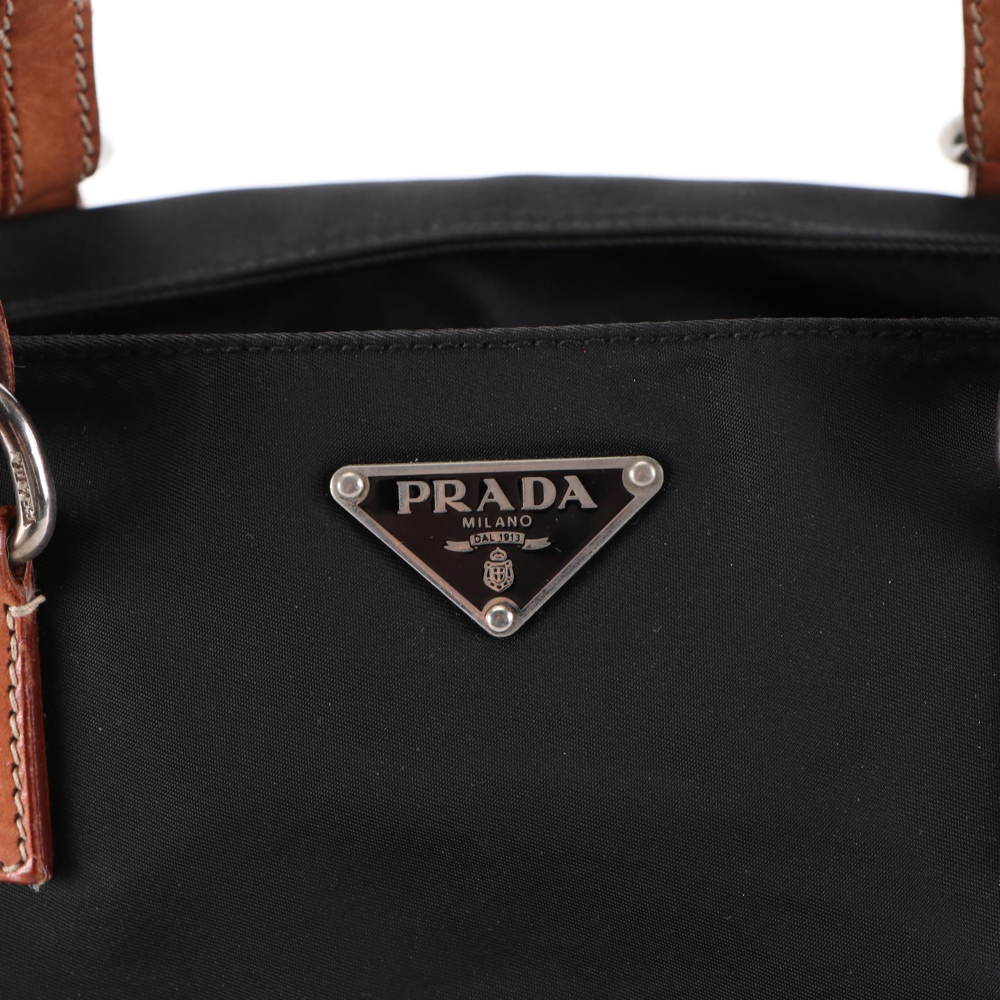 Prada Handbag in Black Tessuto Nylon and Brown Leather Trim
