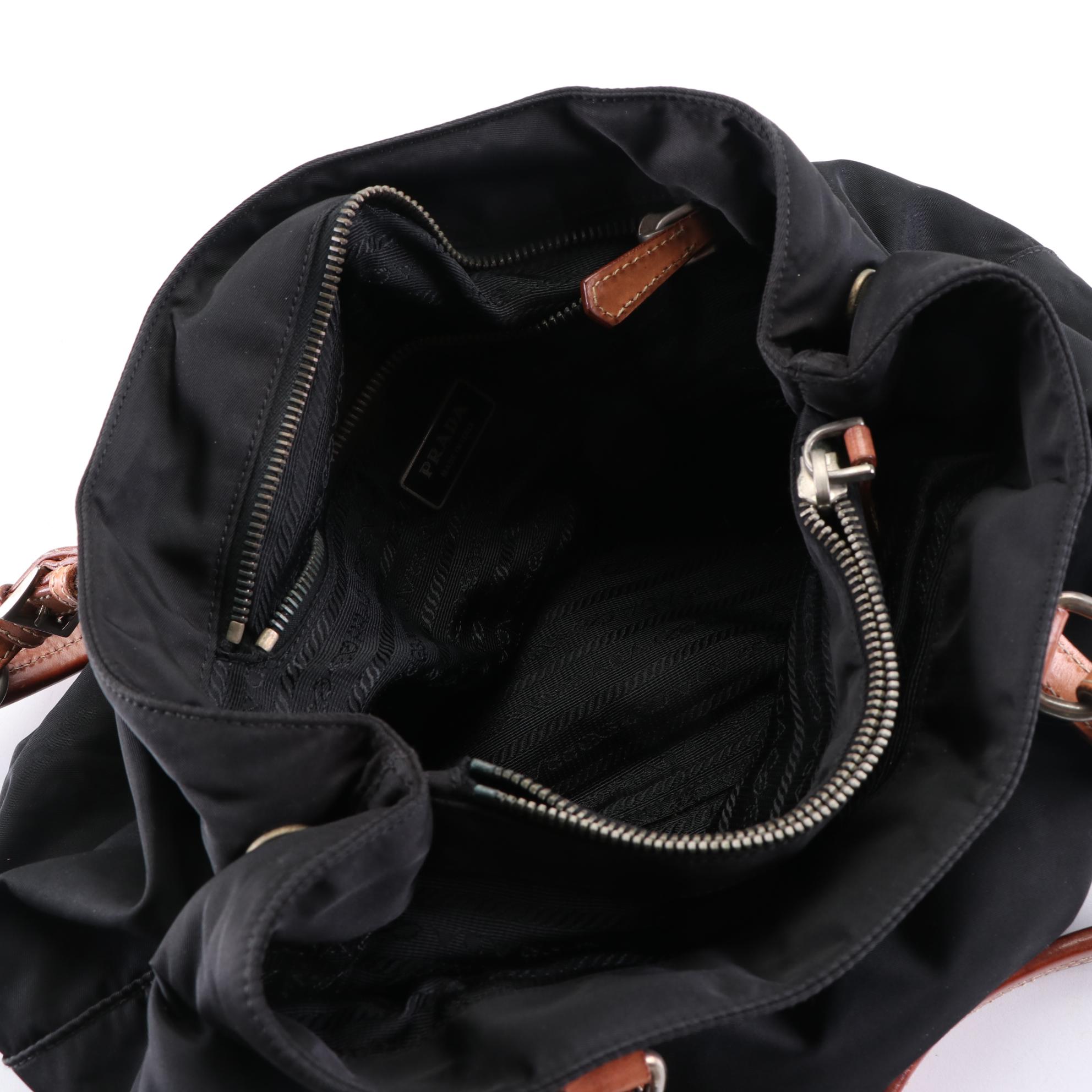 Prada Handbag in Black Tessuto Nylon and Brown Leather Trim