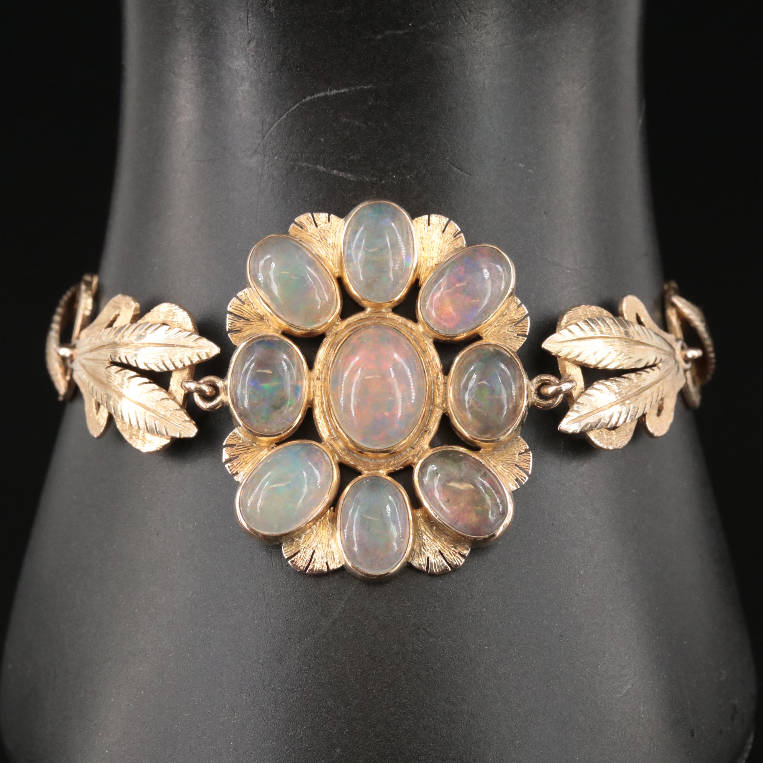 Vintage 14K Opal Doublet Bracelet with Leaf Details