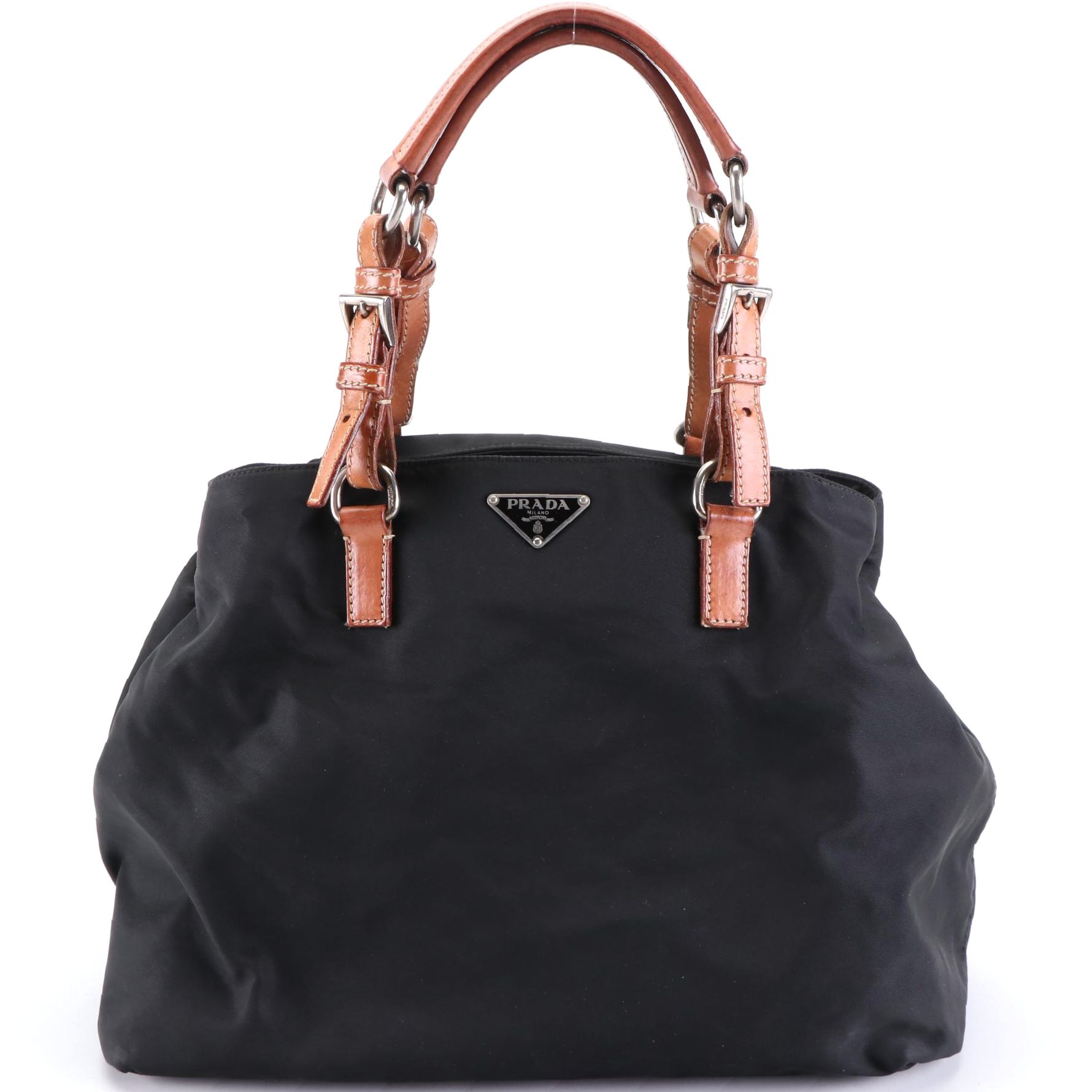 Prada Handbag in Black Tessuto Nylon and Brown Leather Trim