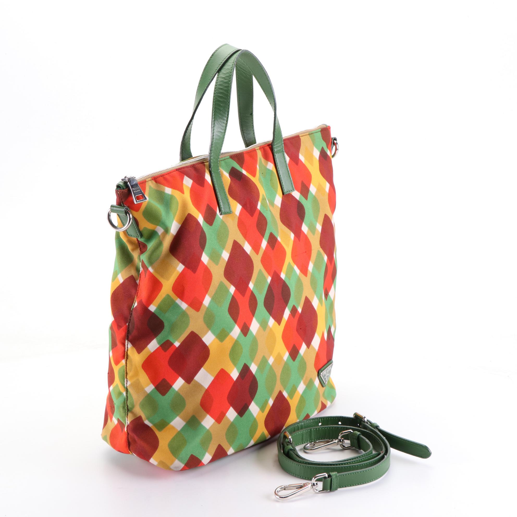 Prada Two-Way Tote Bag in Multicolor Printed Canvas and Green Leather Trim