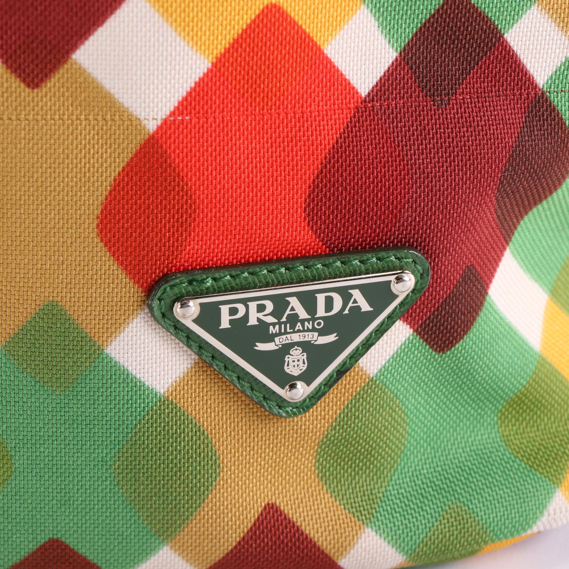 Prada Two-Way Tote Bag in Multicolor Printed Canvas and Green Leather Trim