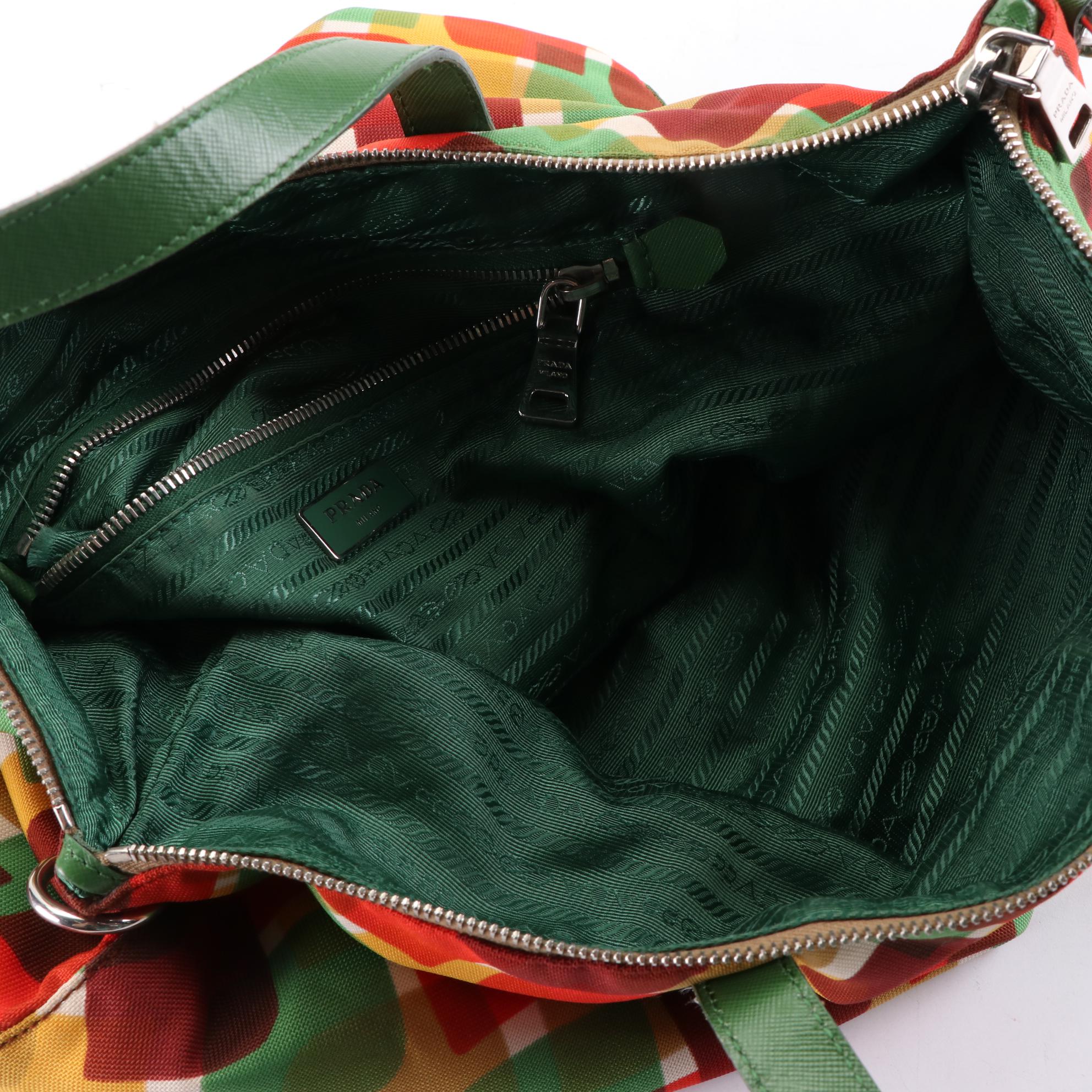 Prada Two-Way Tote Bag in Multicolor Printed Canvas and Green Leather Trim