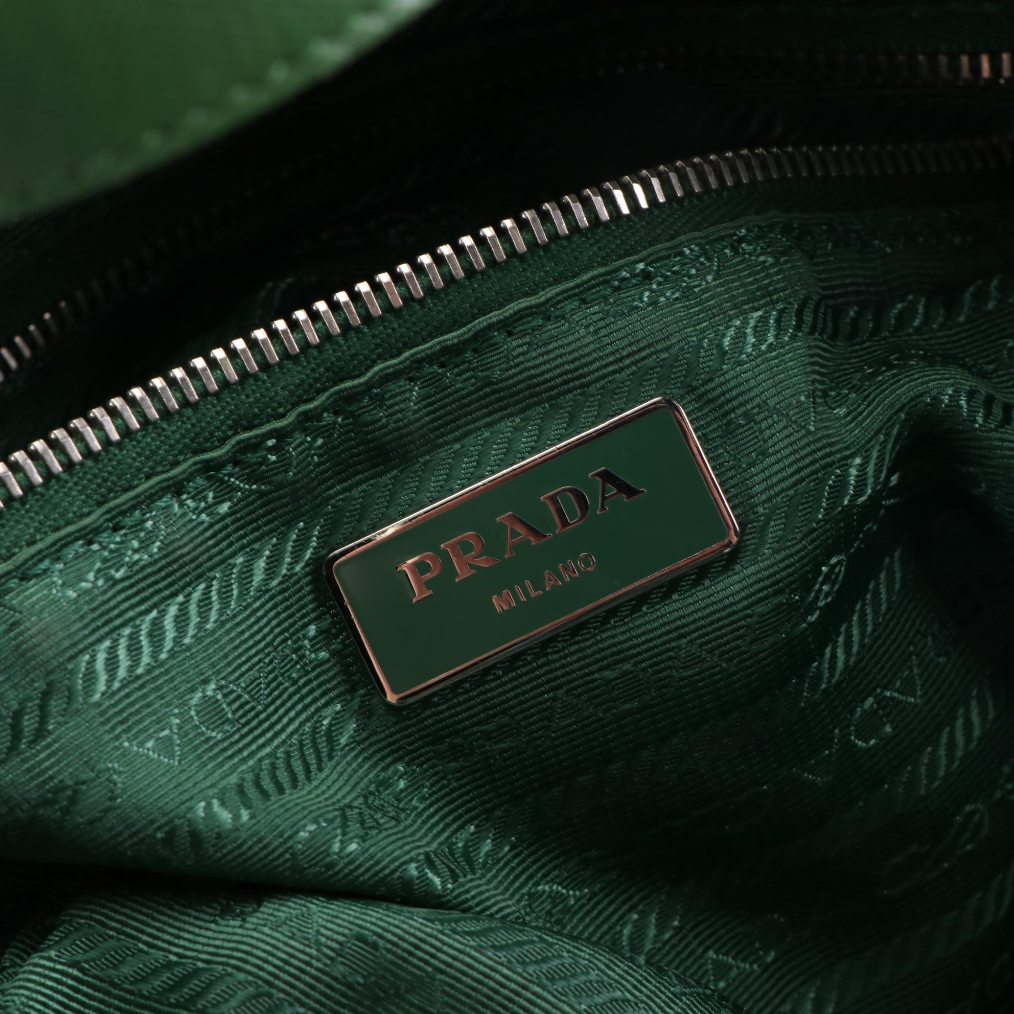 Prada Two-Way Tote Bag in Multicolor Printed Canvas and Green Leather Trim