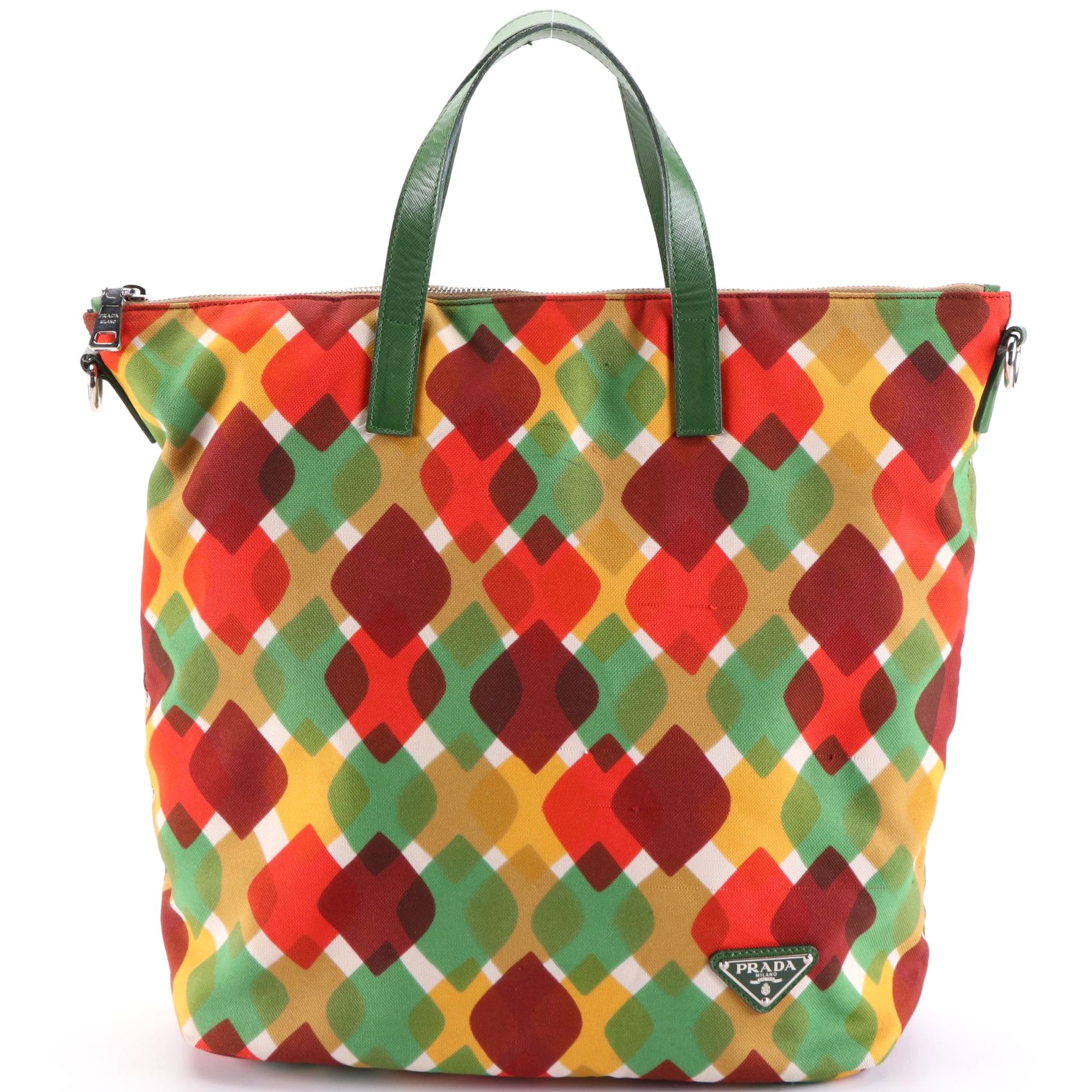 Prada Two-Way Tote Bag in Multicolor Printed Canvas and Green Leather Trim