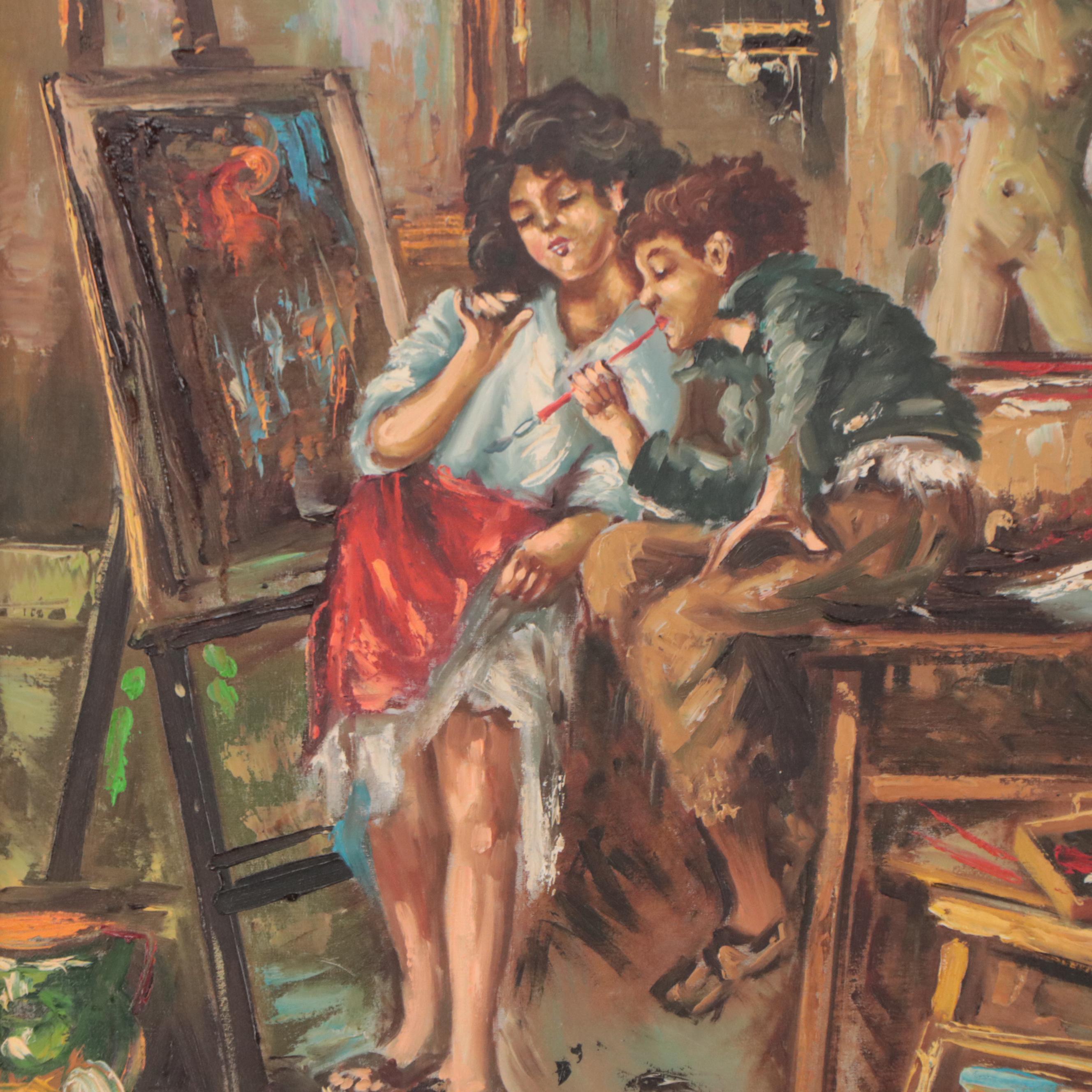 Italian School Oil Painting of Two Kids in Artist's Studio