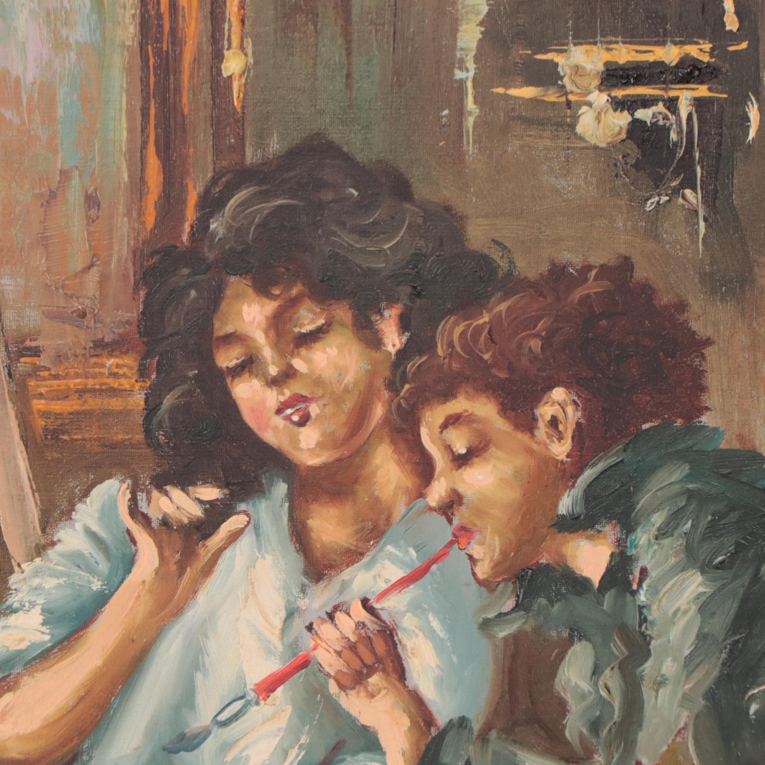 Italian School Oil Painting of Two Kids in Artist's Studio