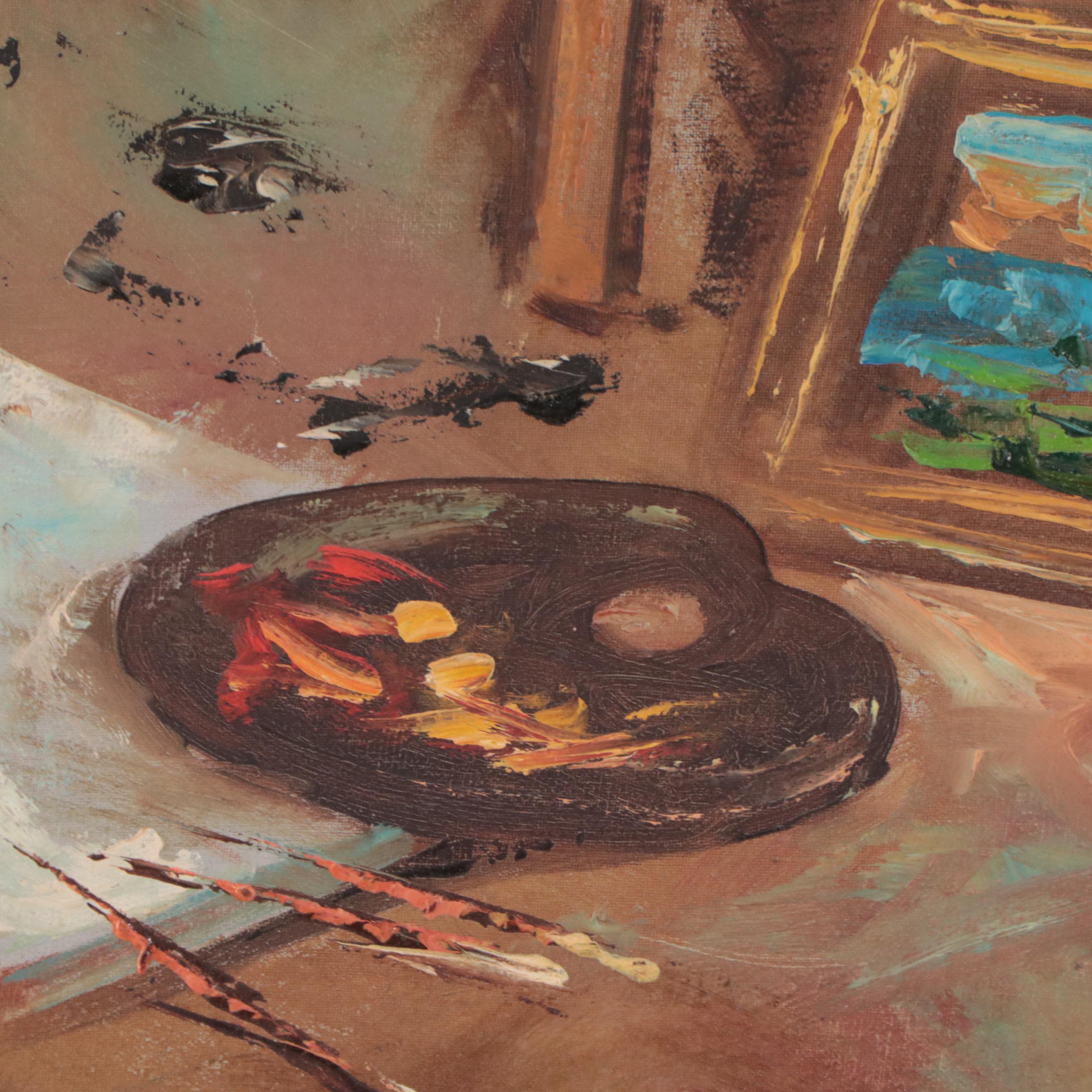 Italian School Oil Painting of Two Kids in Artist's Studio