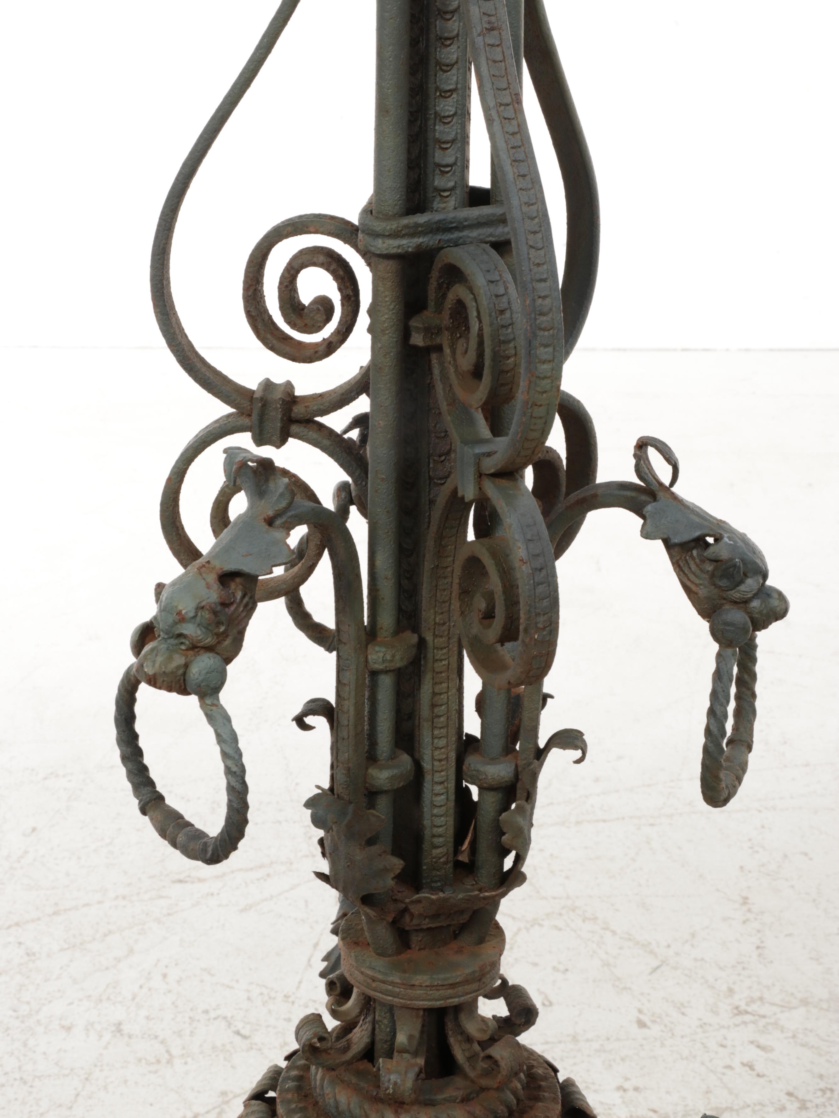Gothic Cast Iron Dragon Footed Tripod Gas Lamp Post, Adapted Early 20th C