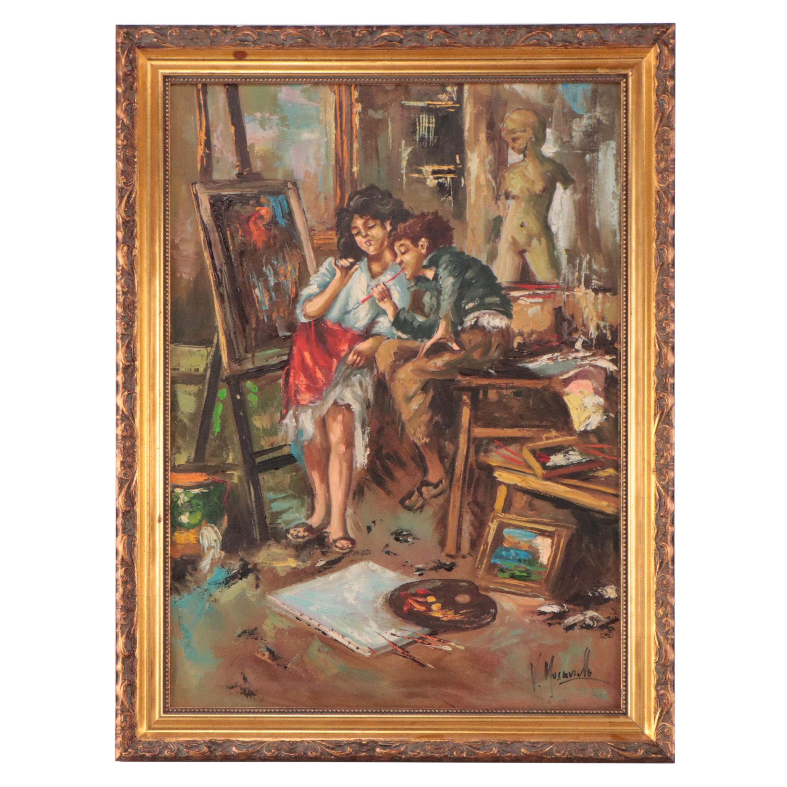 Italian School Oil Painting of Two Kids in Artist's Studio