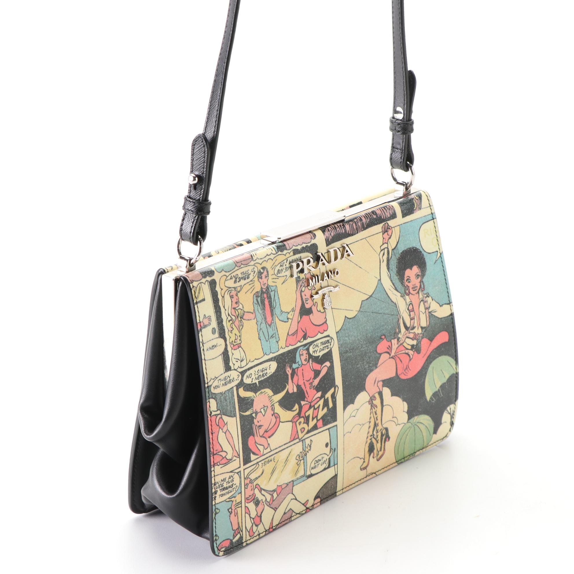 Prada Comic Book Crossbody Bag in Printed Saffiano and Smooth Leather
