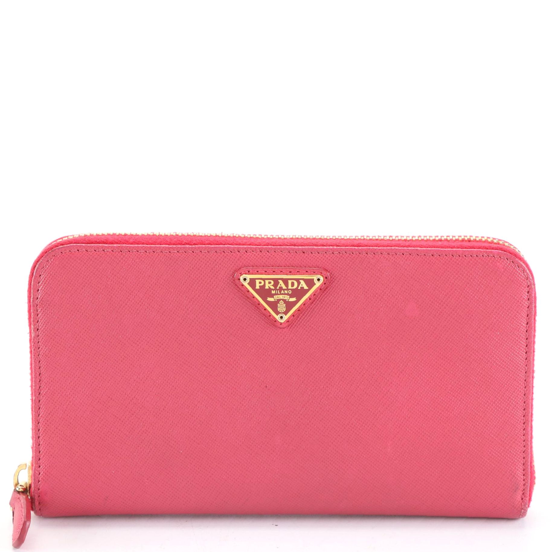 Prada Zip Around Long Wallet in Peony Pink Saffiano Leather with Box