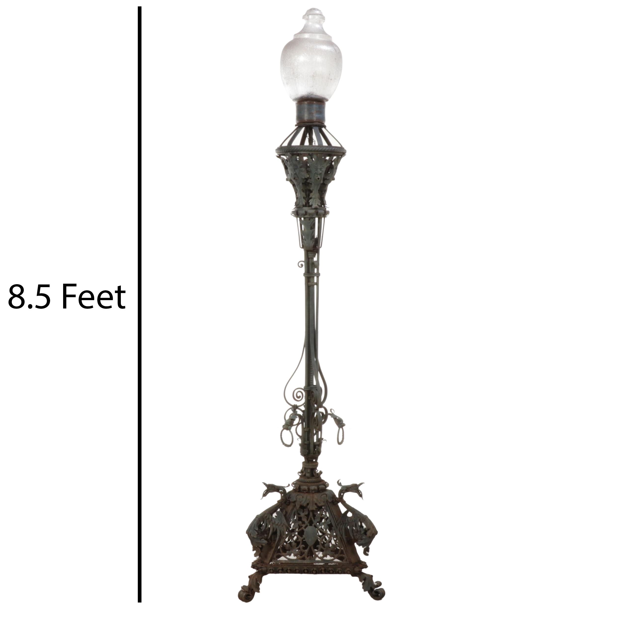 Gothic Cast Iron Dragon Footed Tripod Gas Lamp Post, Adapted Early 20th C