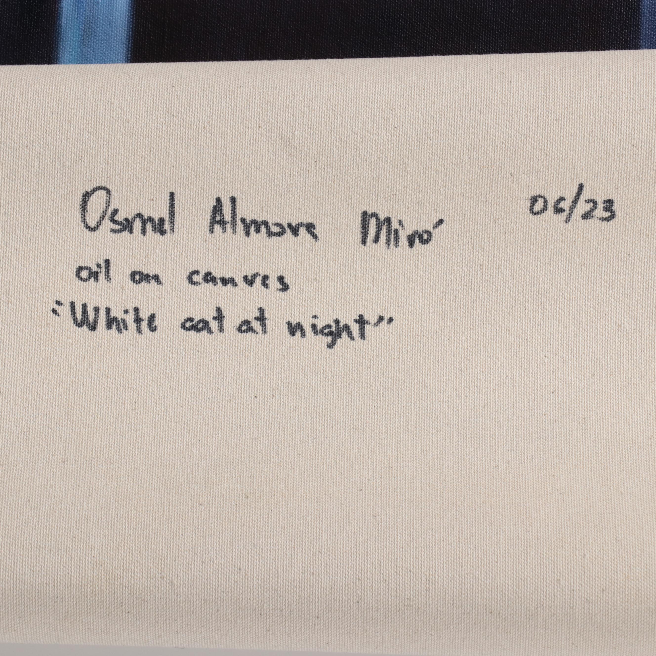 Osmel Almora Miró Oil Painting "White Cat at Night," 2023