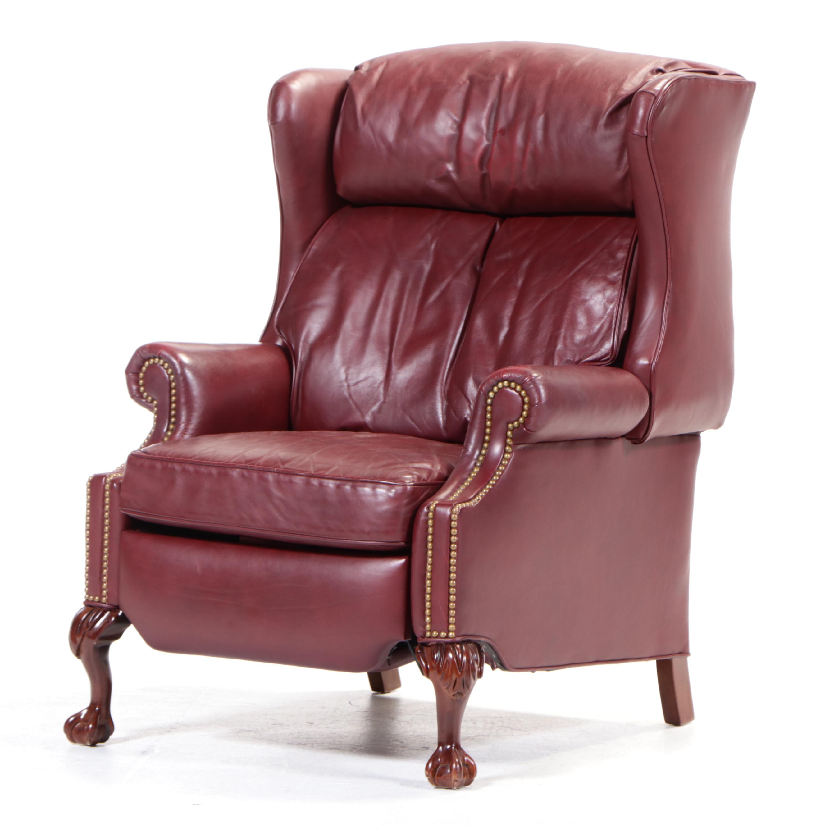 Leathercraft Inc. Chippendale Style Crimson Leather Recliner with Nailheads