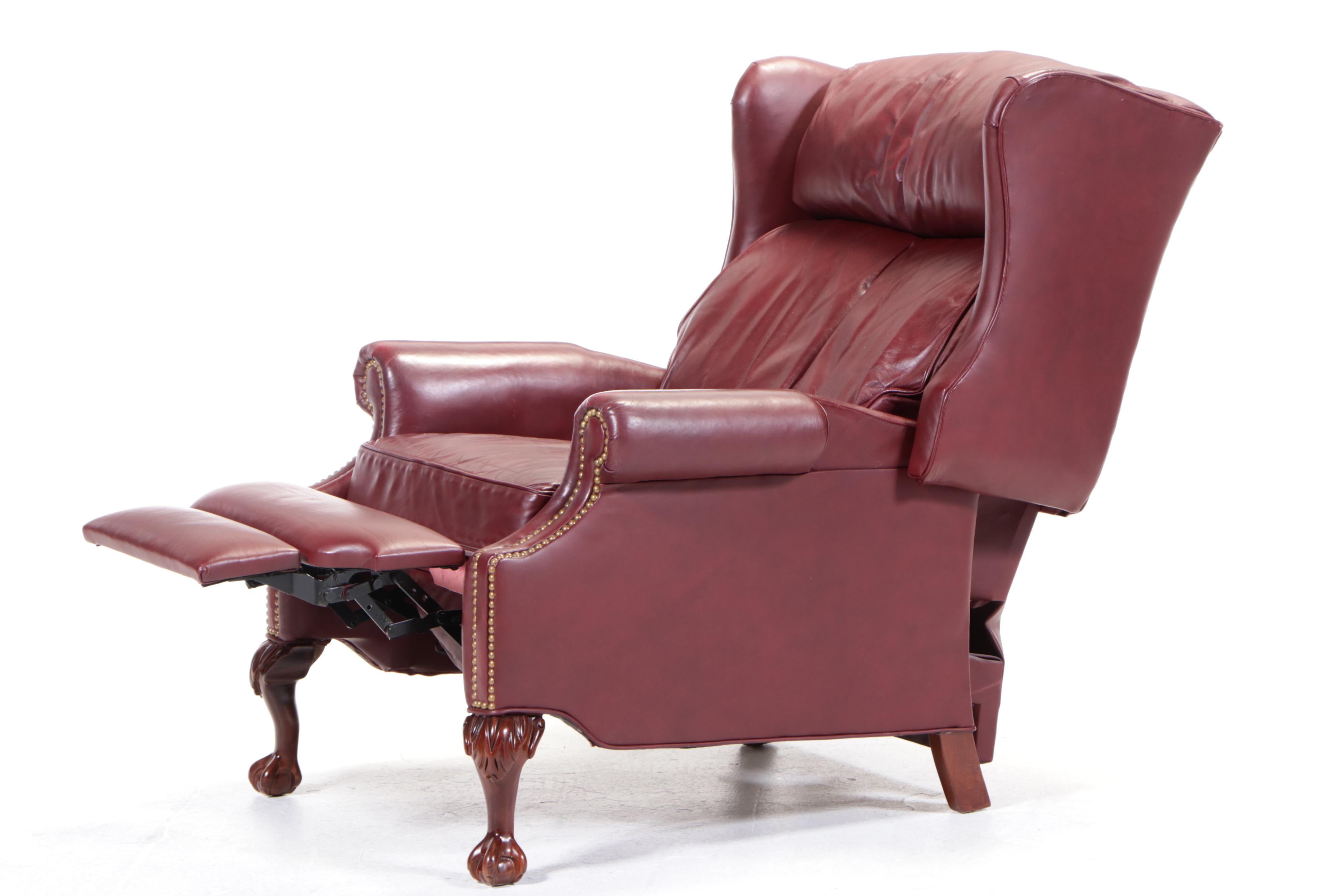 Leathercraft Inc. Chippendale Style Crimson Leather Recliner with Nailheads