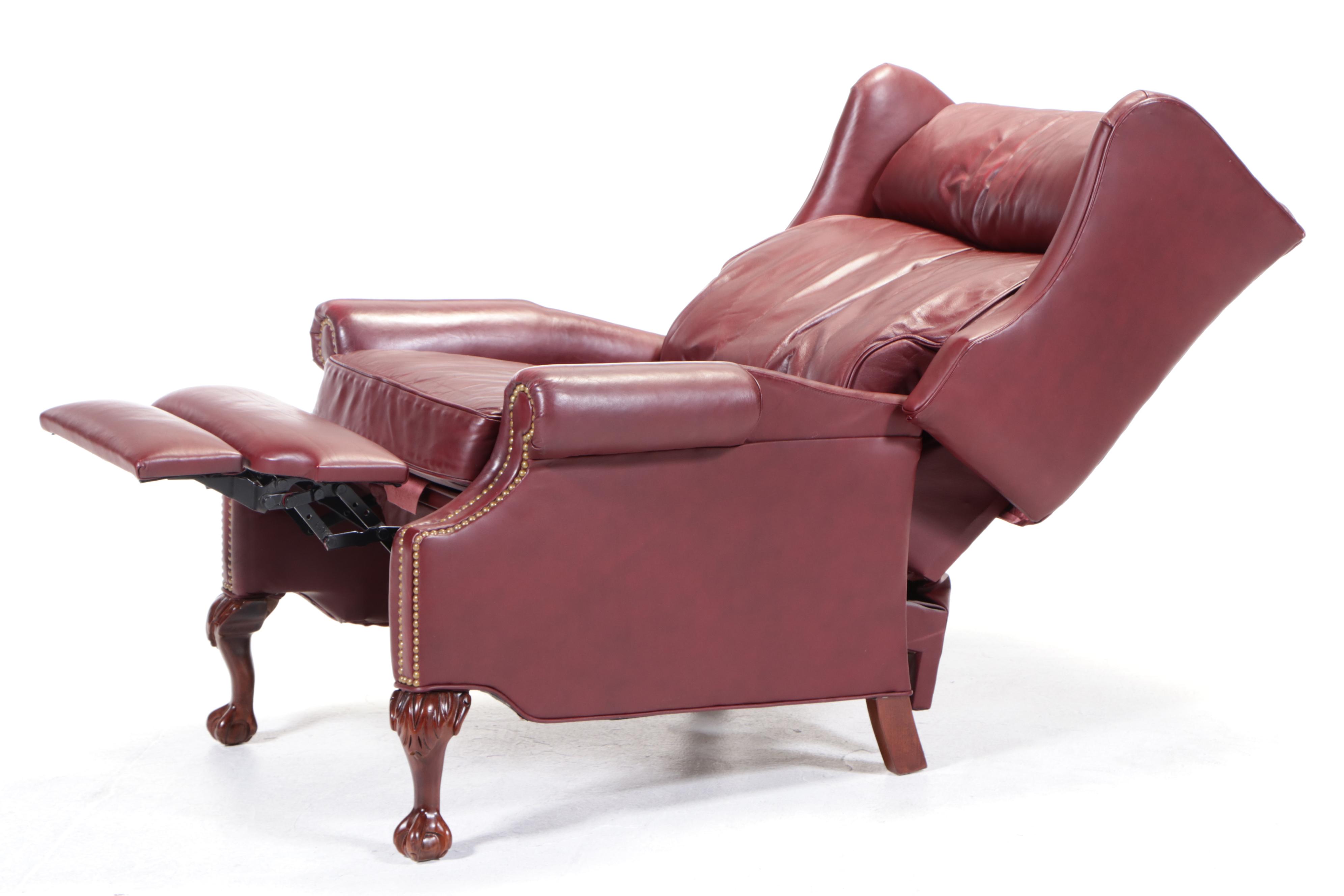 Leathercraft Inc. Chippendale Style Crimson Leather Recliner with Nailheads