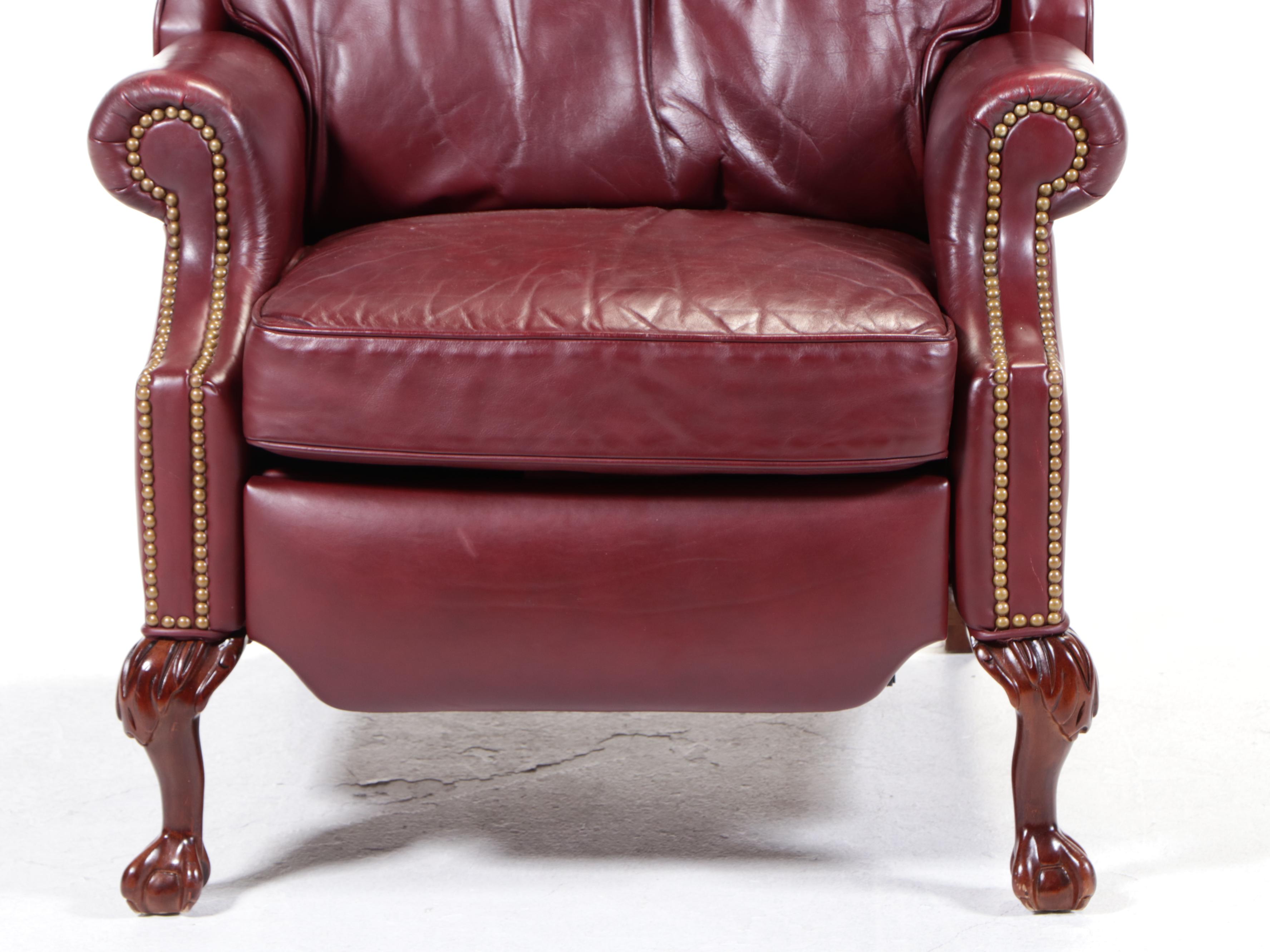 Leathercraft Inc. Chippendale Style Crimson Leather Recliner with Nailheads