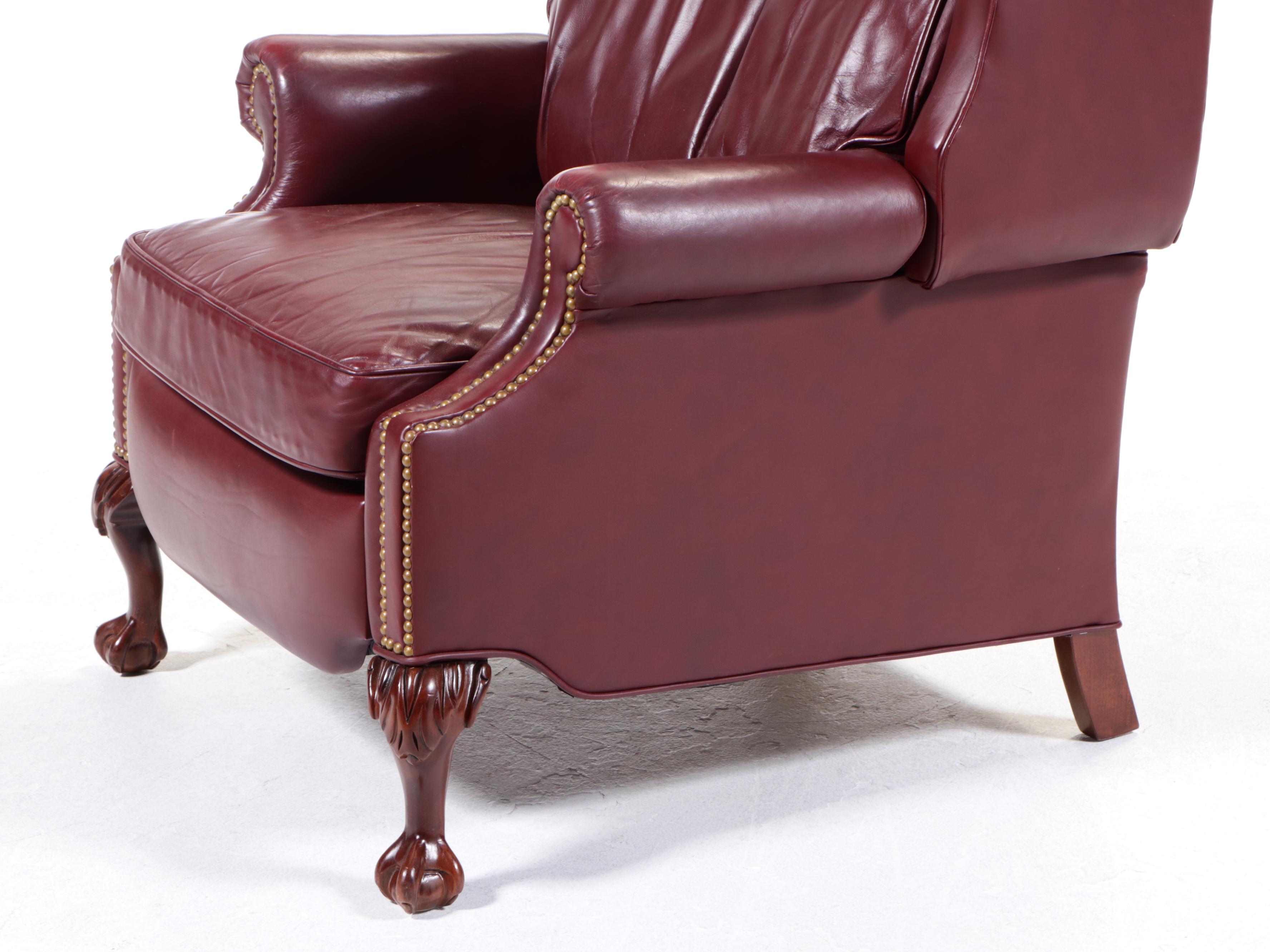 Leathercraft Inc. Chippendale Style Crimson Leather Recliner with Nailheads