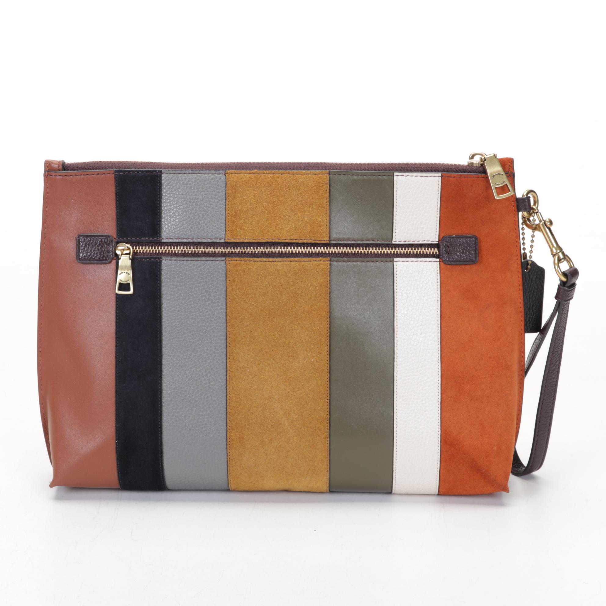 Large Coach Charlie Pouch in Patchwork Stripes, Black Gianna Booties, and Wallet