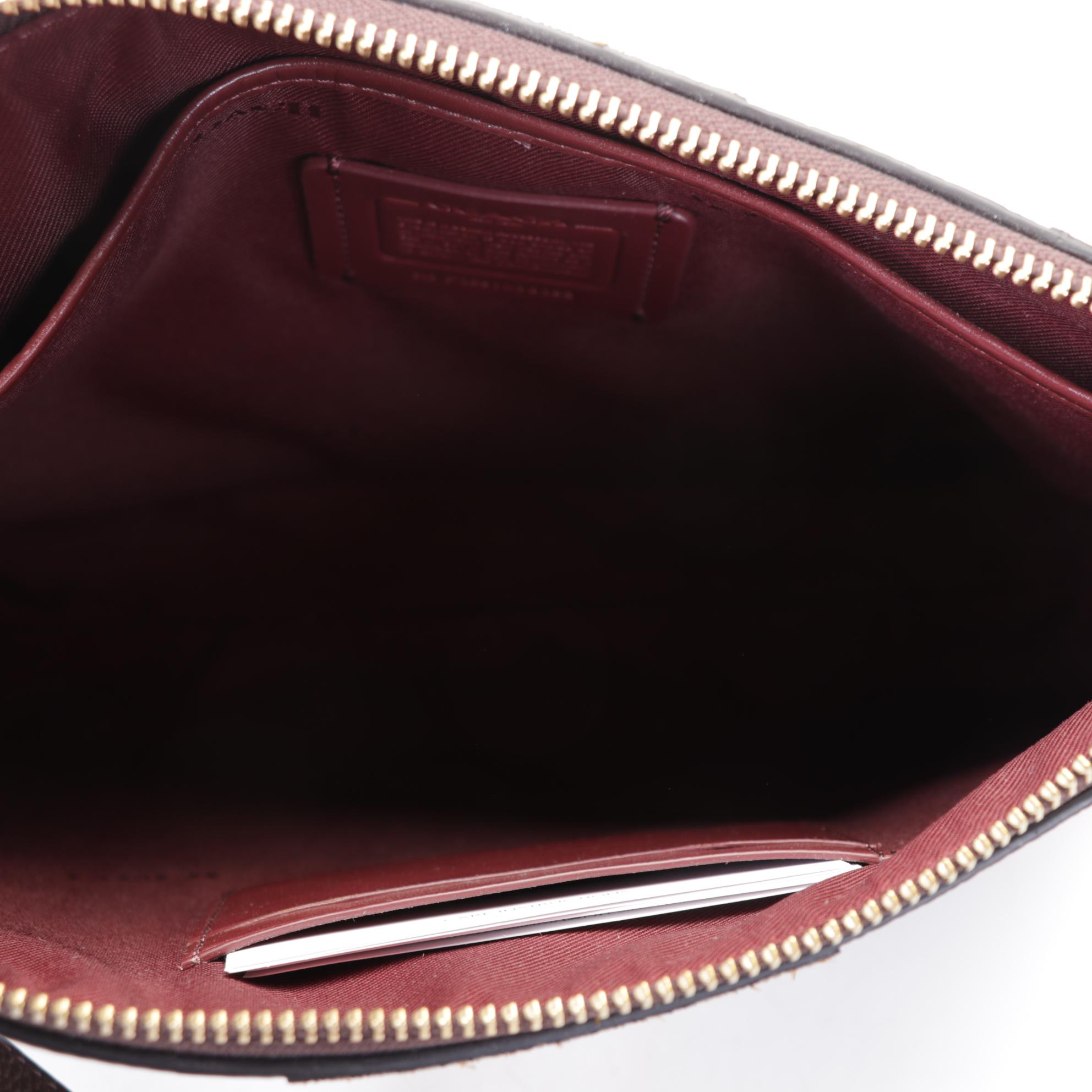 Large Coach Charlie Pouch in Patchwork Stripes, Black Gianna Booties, and Wallet