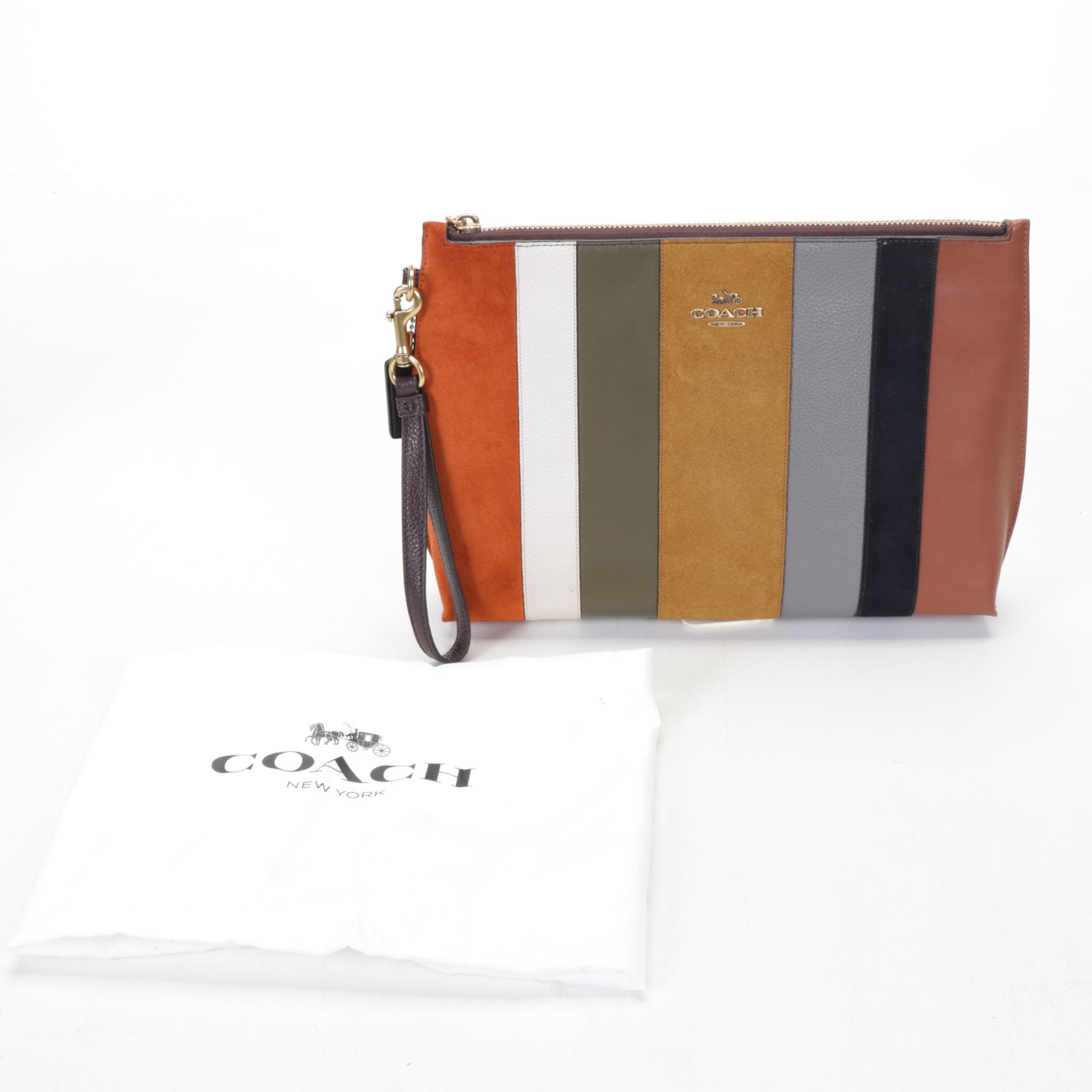 Large Coach Charlie Pouch in Patchwork Stripes, Black Gianna Booties, and Wallet