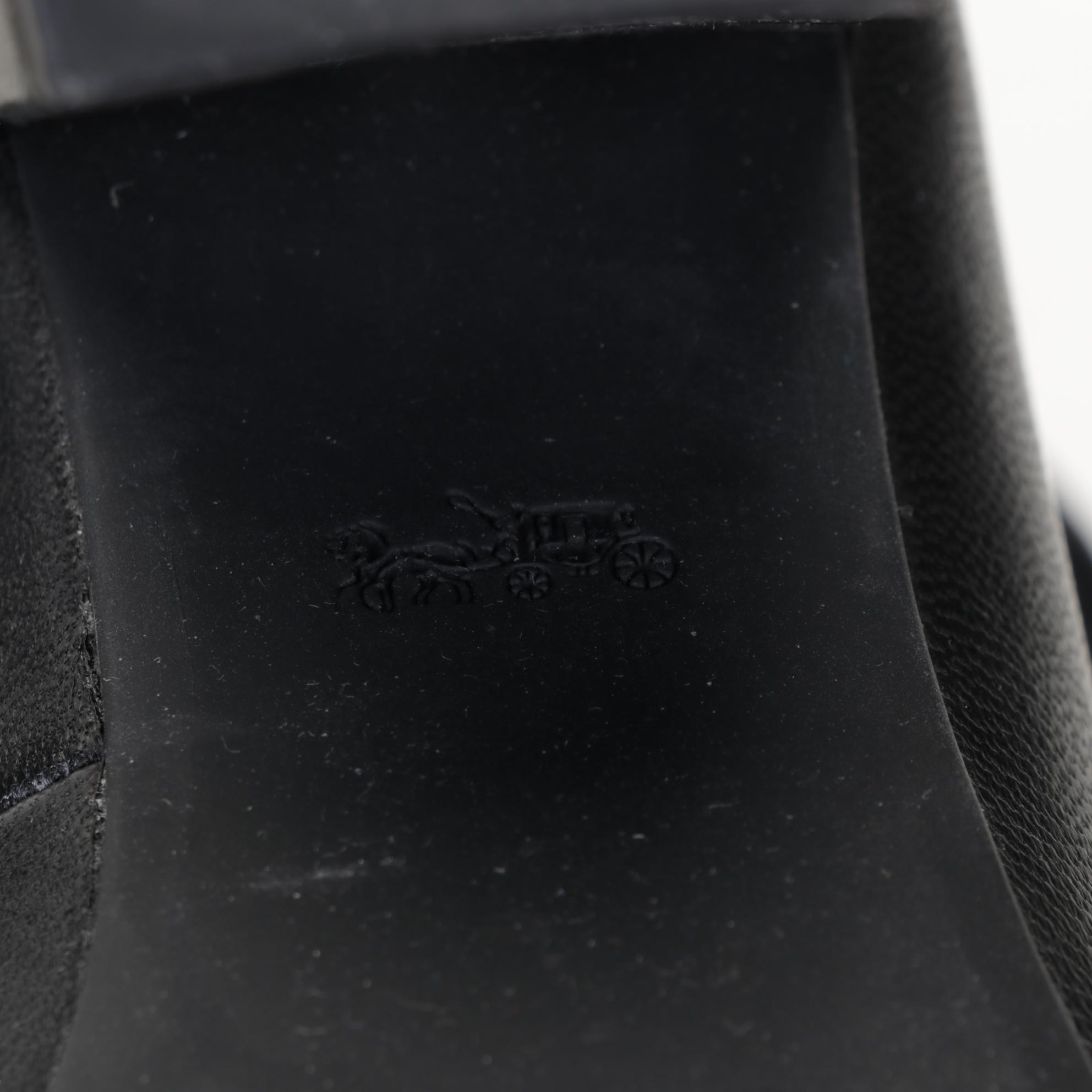 Large Coach Charlie Pouch in Patchwork Stripes, Black Gianna Booties, and Wallet