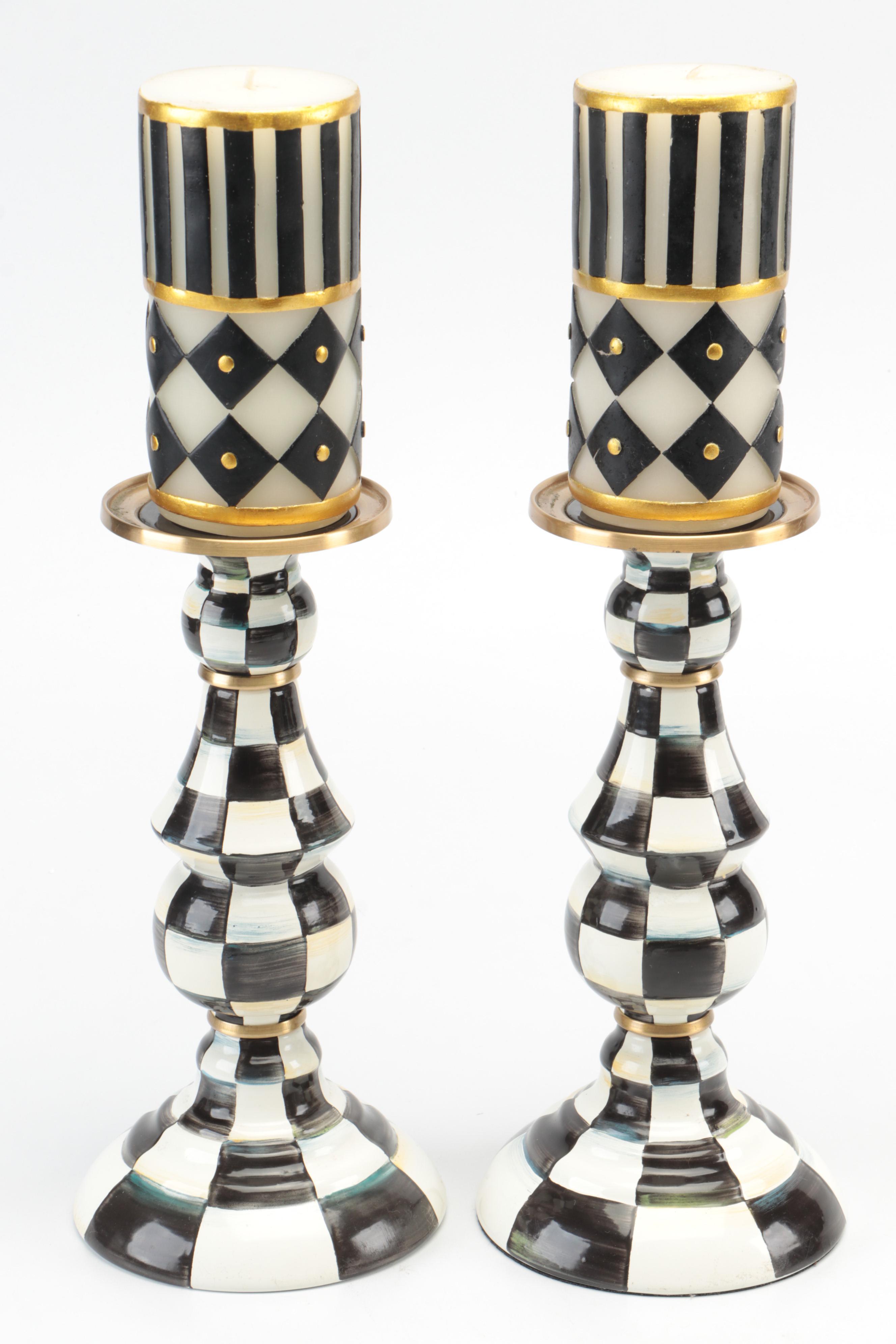 MacKenzie-Childs "Courtly Check" Pillar Candlesticks with Candles and Canister