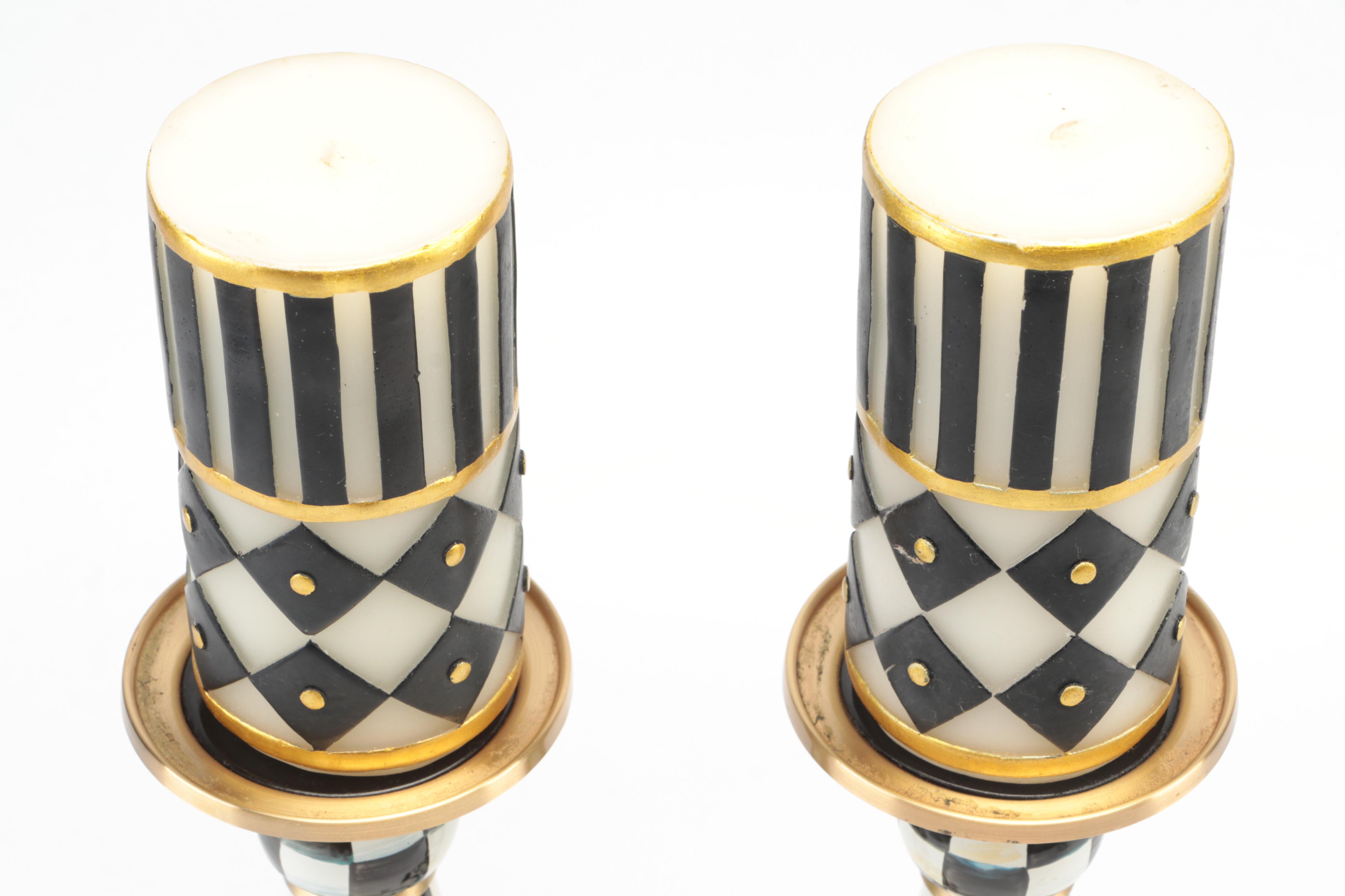 MacKenzie-Childs "Courtly Check" Pillar Candlesticks with Candles and Canister
