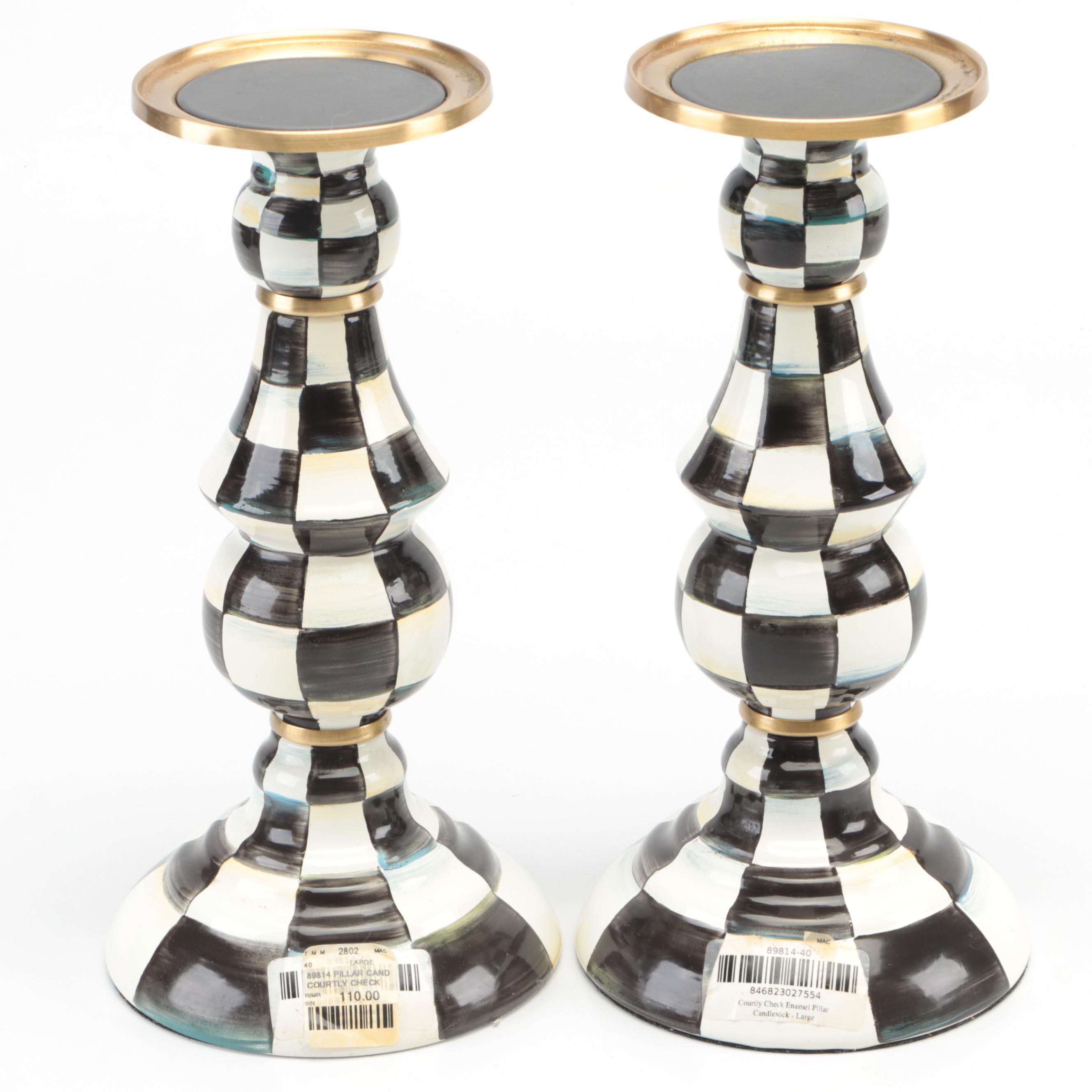 MacKenzie-Childs "Courtly Check" Pillar Candlesticks with Candles and Canister