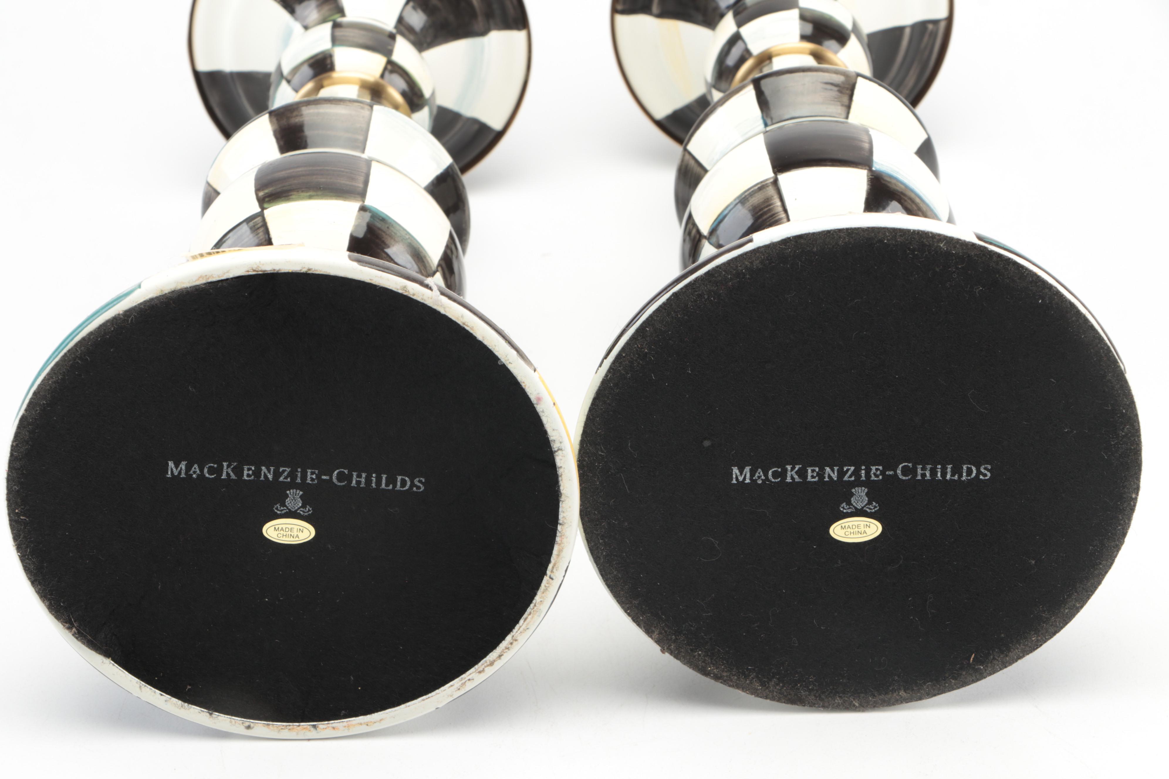 MacKenzie-Childs "Courtly Check" Pillar Candlesticks with Candles and Canister