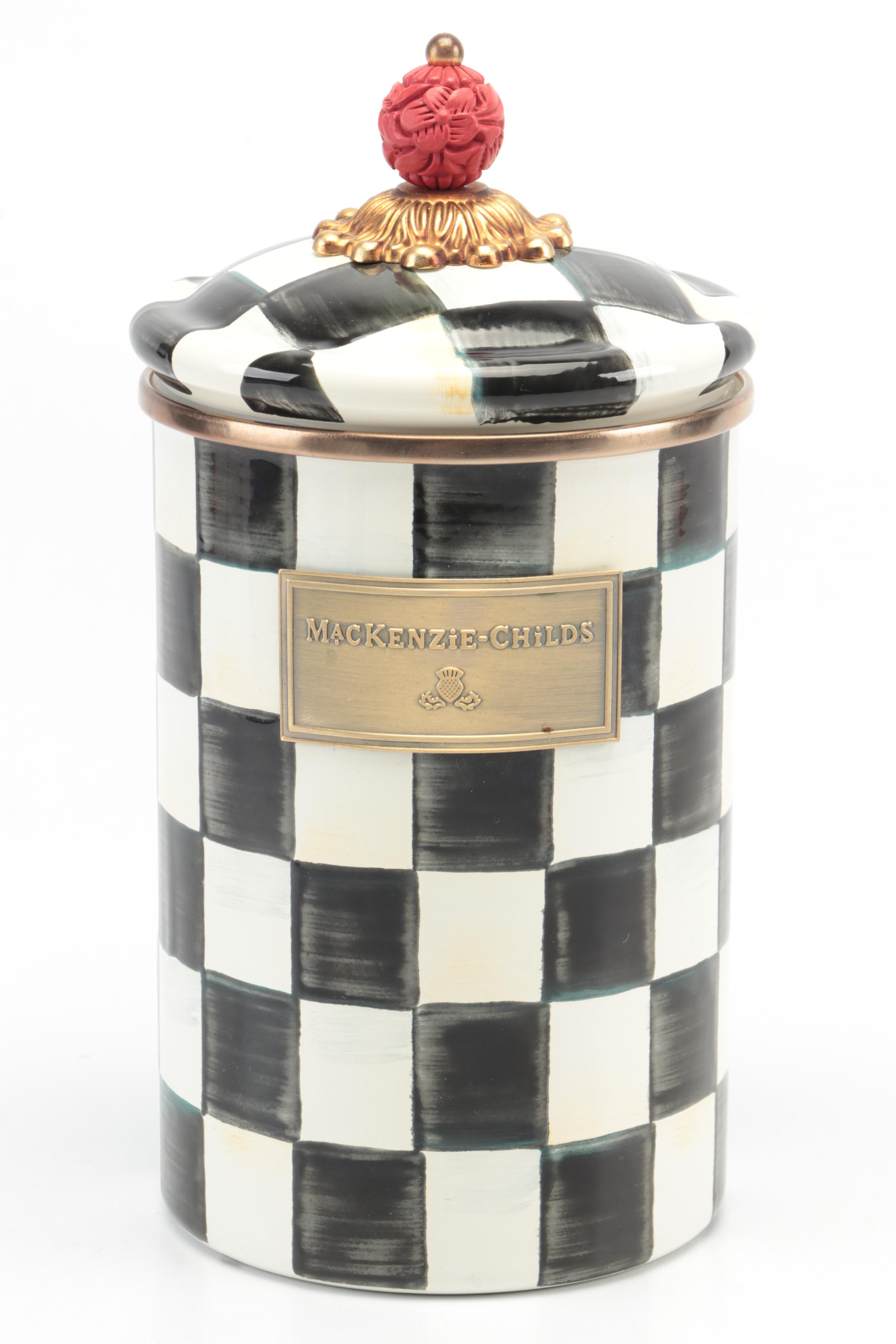 MacKenzie-Childs "Courtly Check" Pillar Candlesticks with Candles and Canister