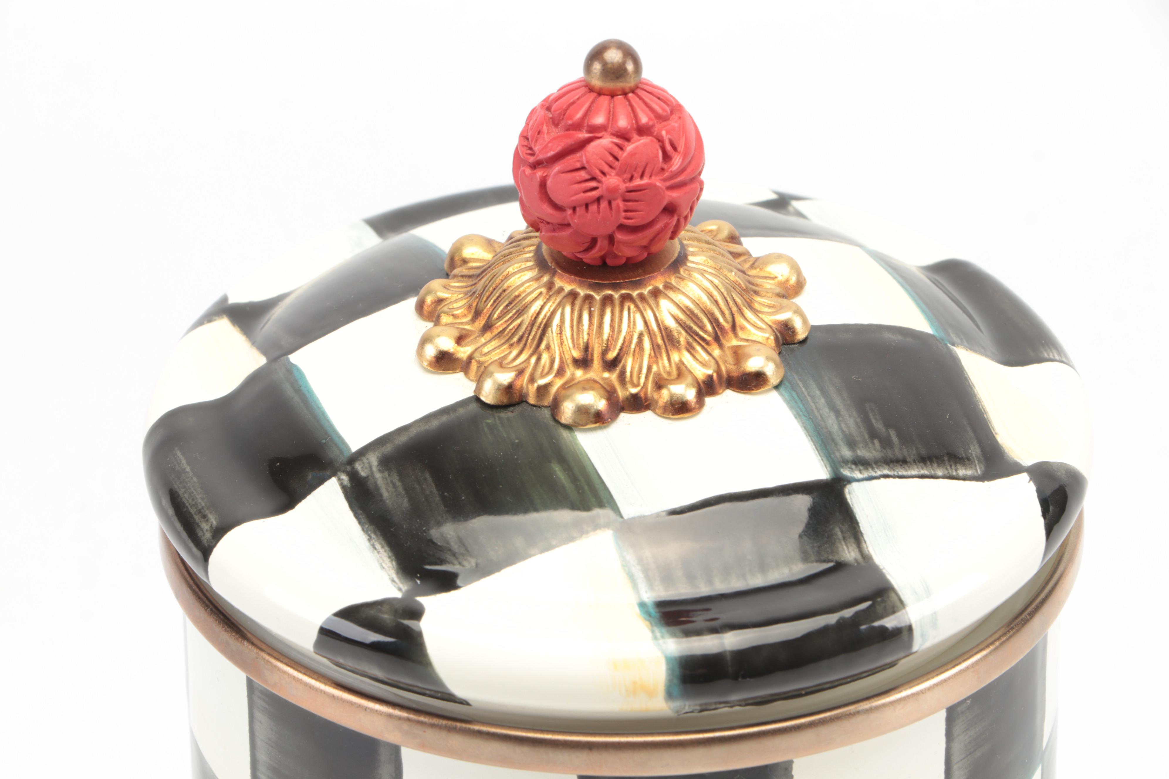 MacKenzie-Childs "Courtly Check" Pillar Candlesticks with Candles and Canister