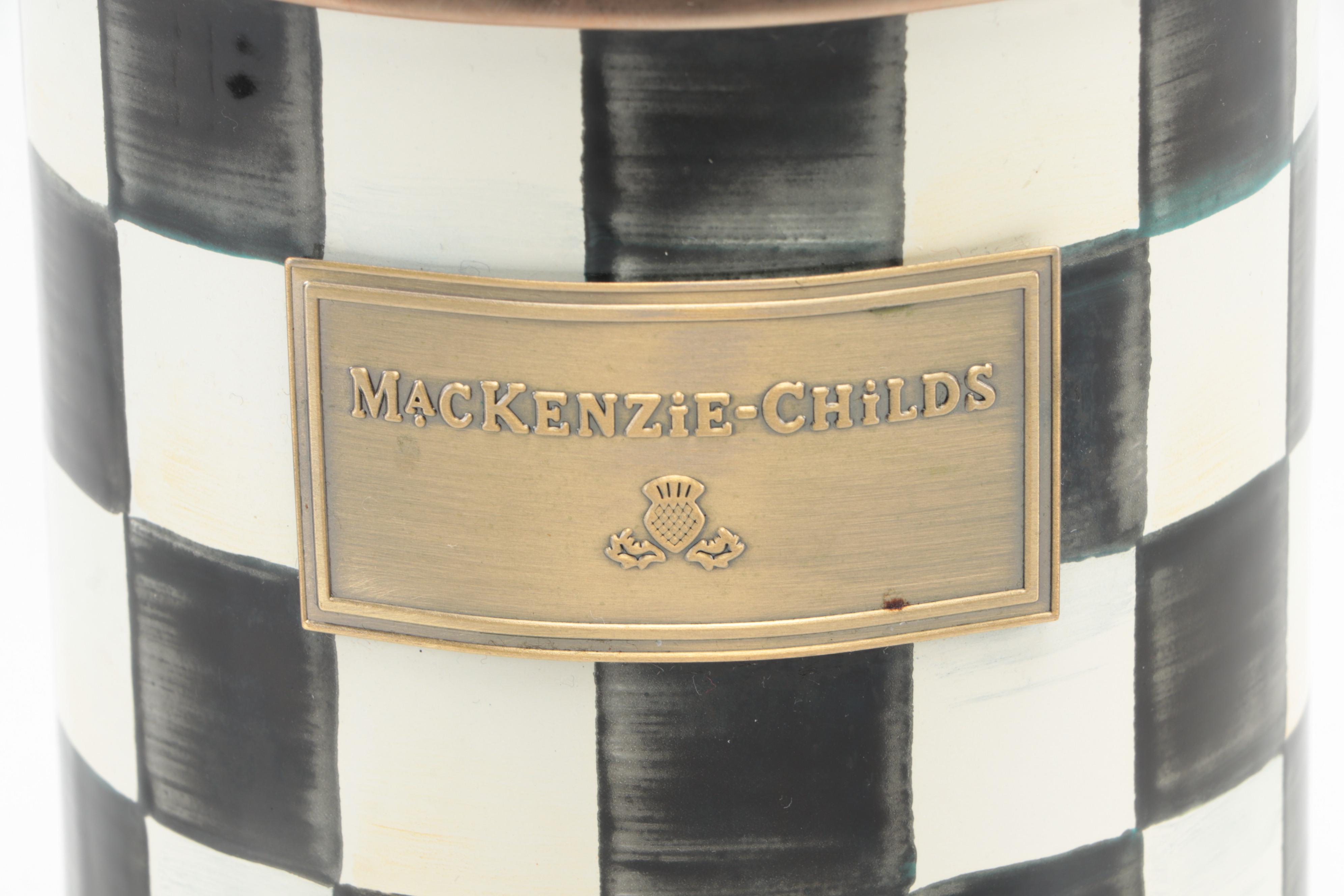 MacKenzie-Childs "Courtly Check" Pillar Candlesticks with Candles and Canister