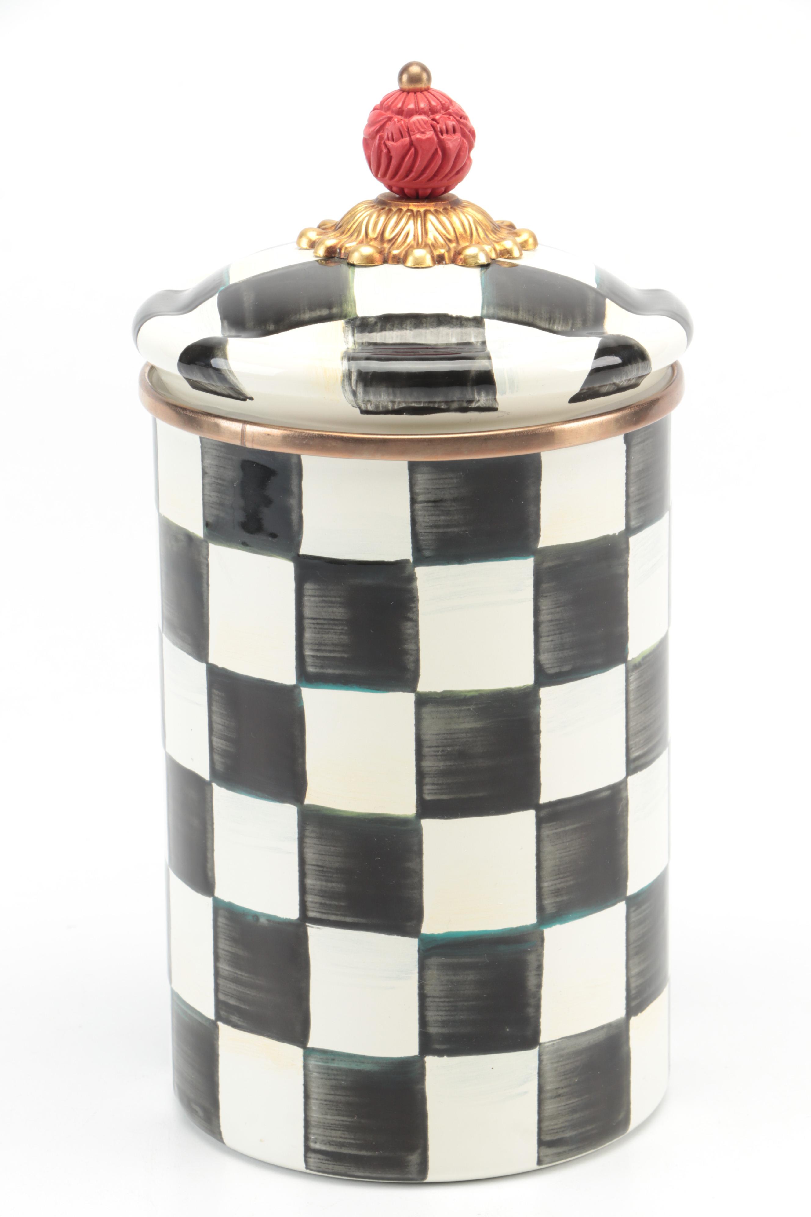 MacKenzie-Childs "Courtly Check" Pillar Candlesticks with Candles and Canister