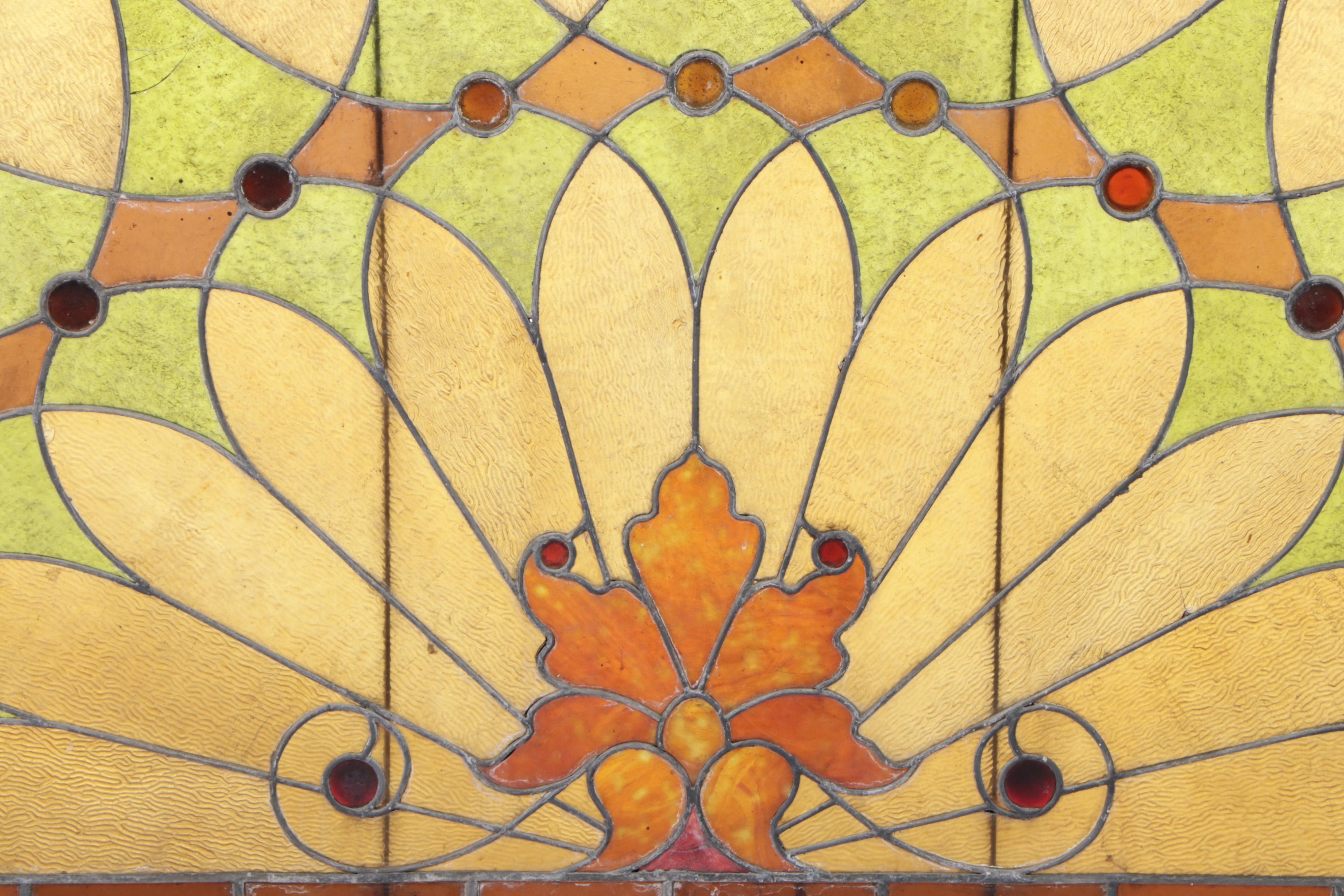 Large American Stained and Leaded Glass Arched Window Panel