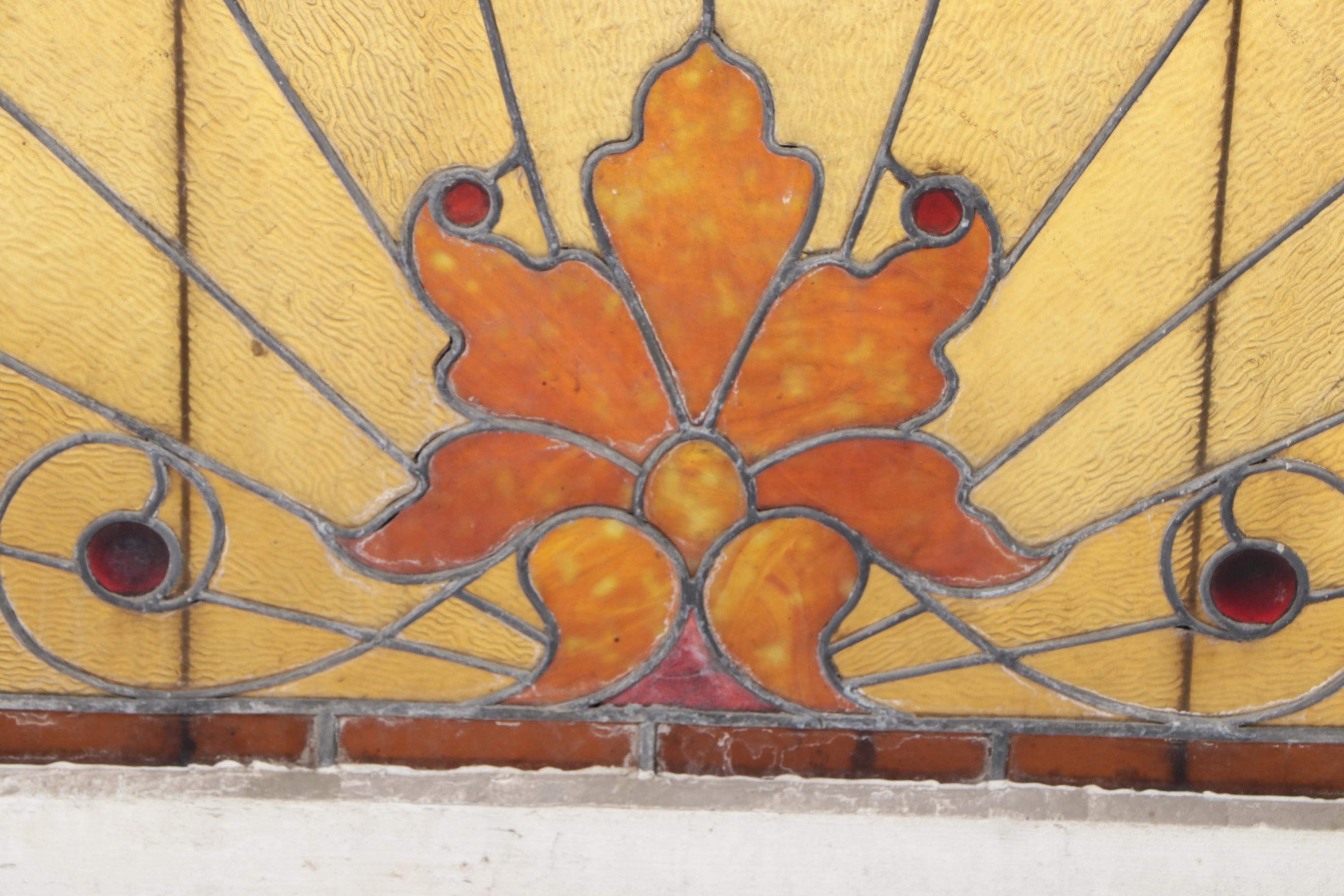 Large American Stained and Leaded Glass Arched Window Panel